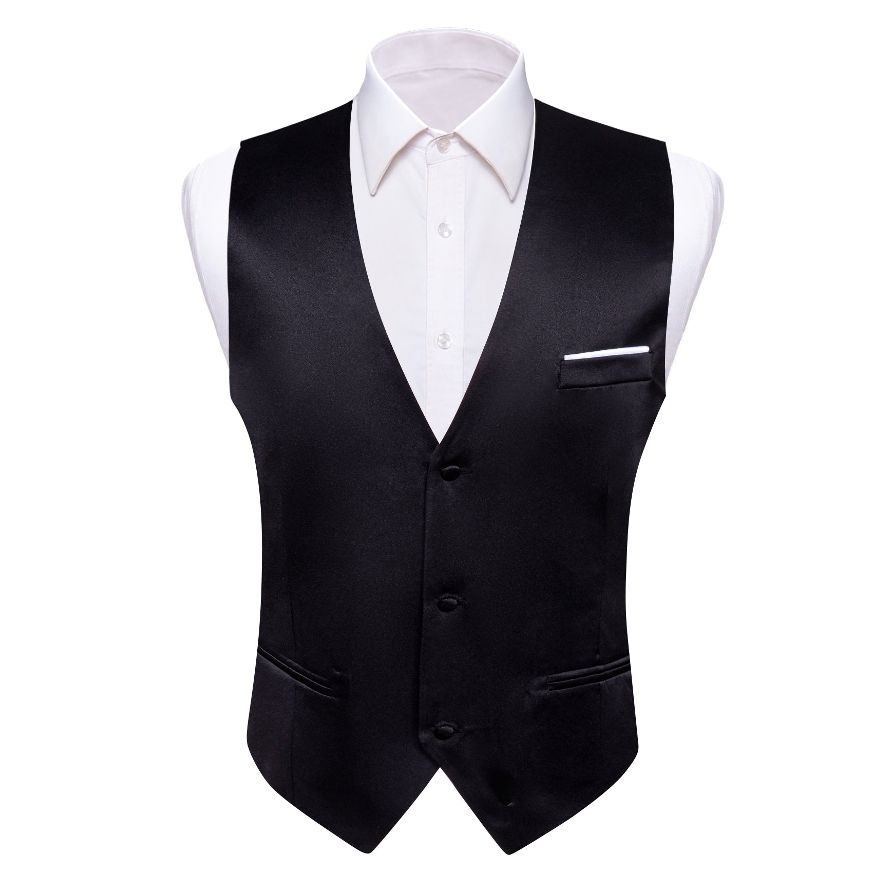 Black Solid Silk Vest Bowtie Pocket Square Cufflinks Set