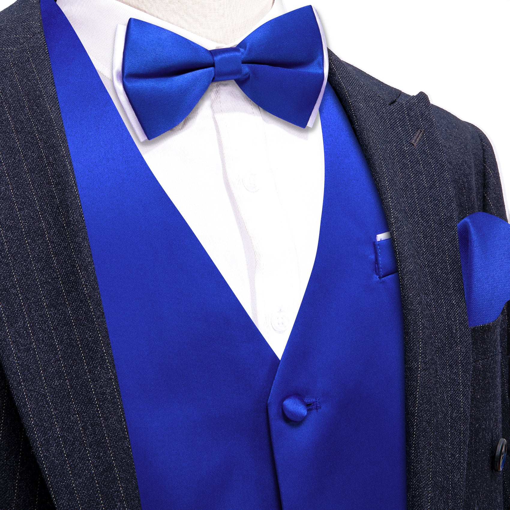 Cobalt Blue Solid Silk Vest Bowtie Pocket Square Cufflinks Set