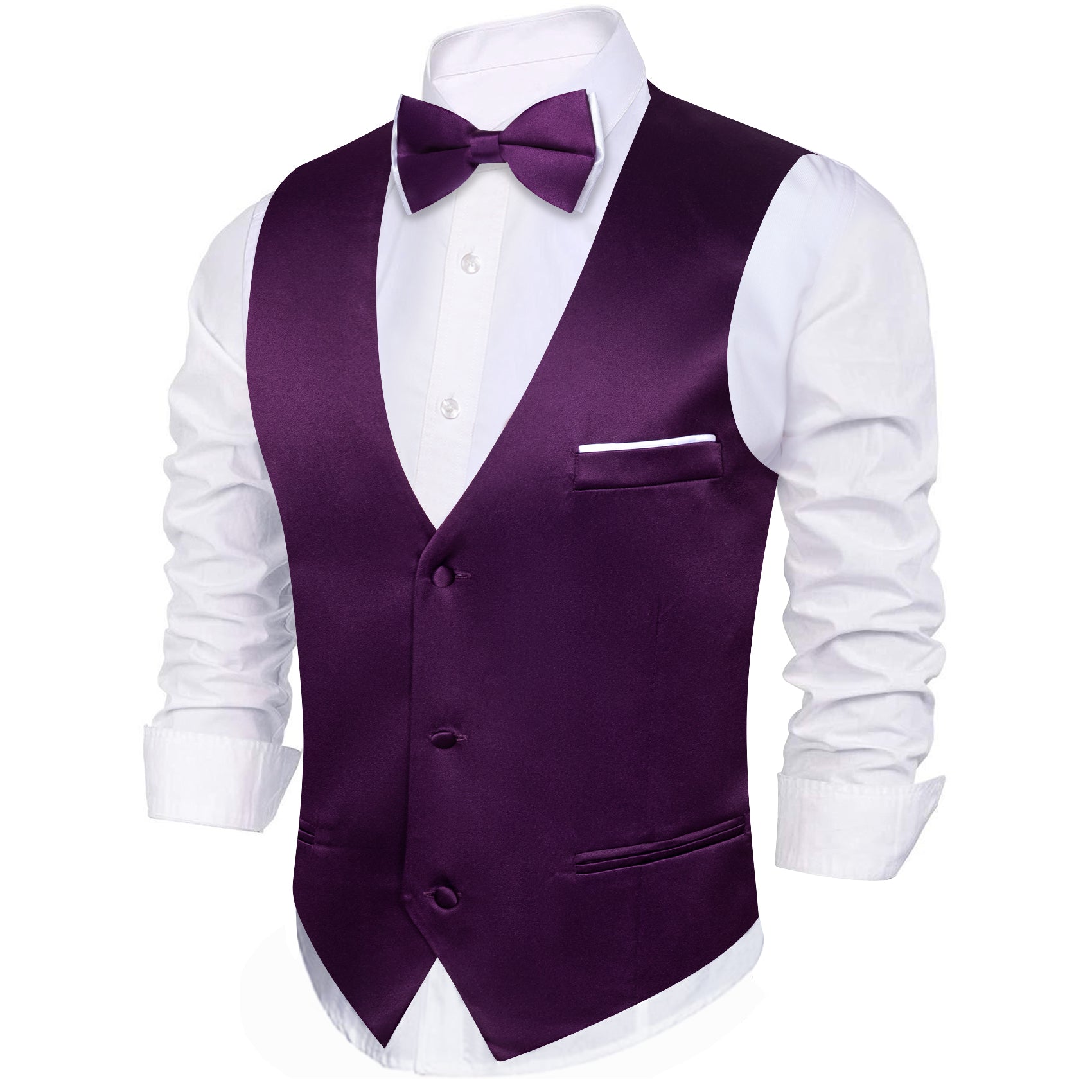  Purple Solid Silk Vest Bowtie Pocket Square Cufflinks Set