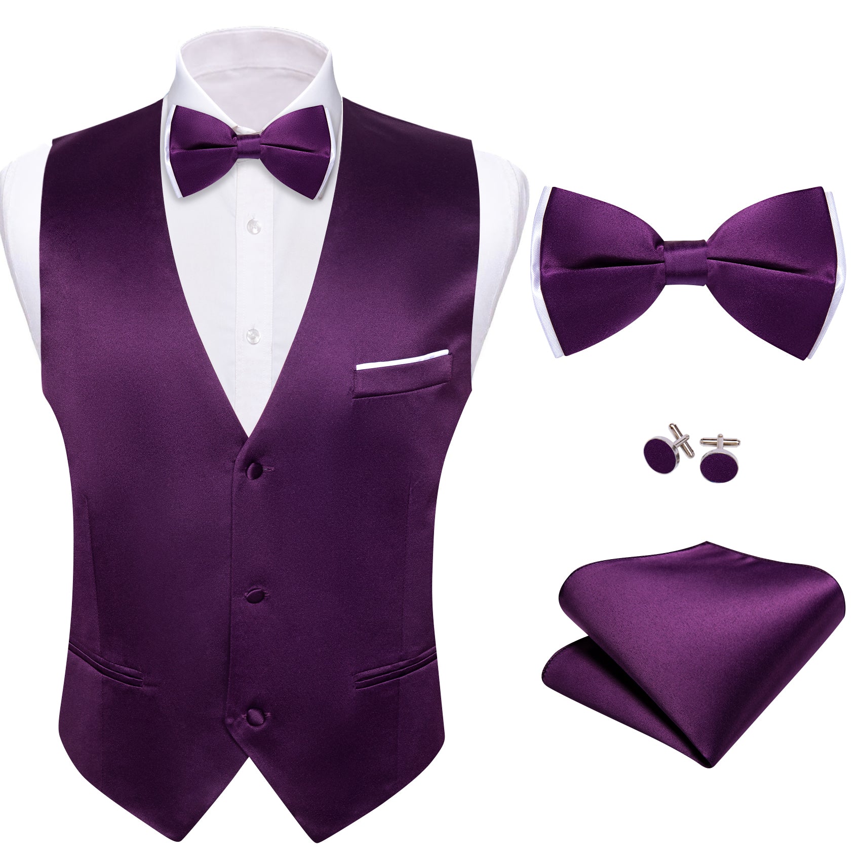  Purple Solid Silk Vest Bowtie Pocket Square Cufflinks Set
