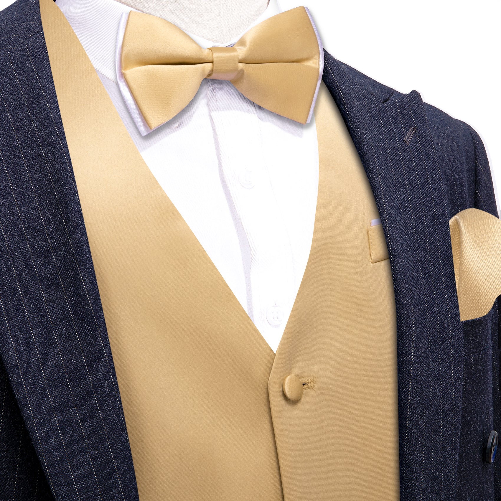 Gold Solid Silk Vest Bowtie Cufflinks Set