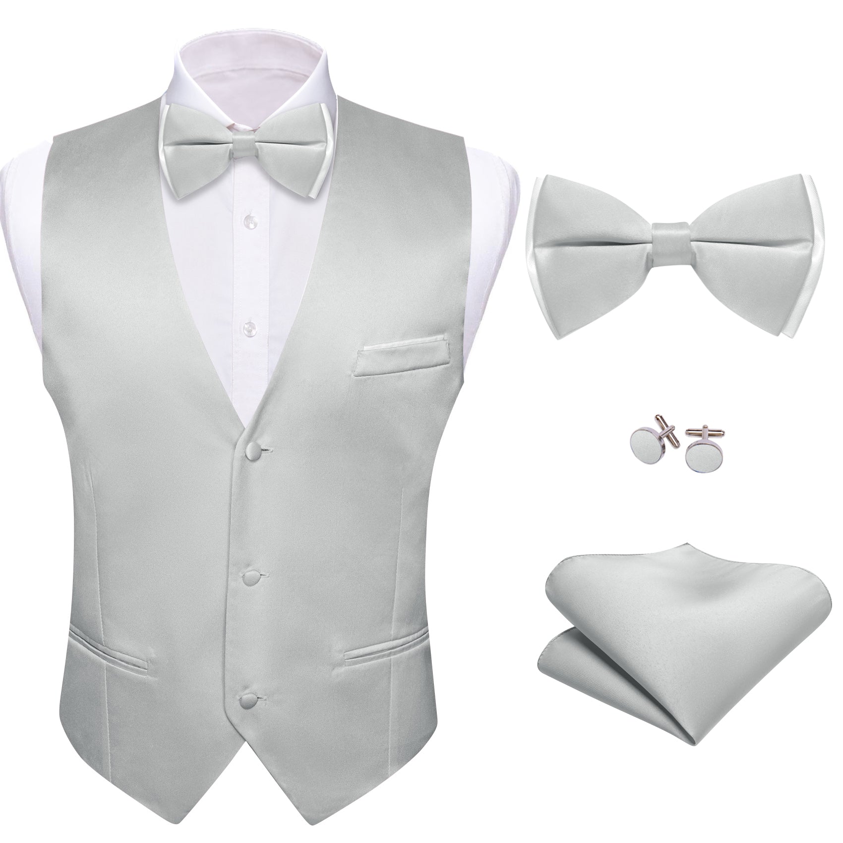 Grey Solid Silk Vest Bowtie Pocket Square Cufflinks Set