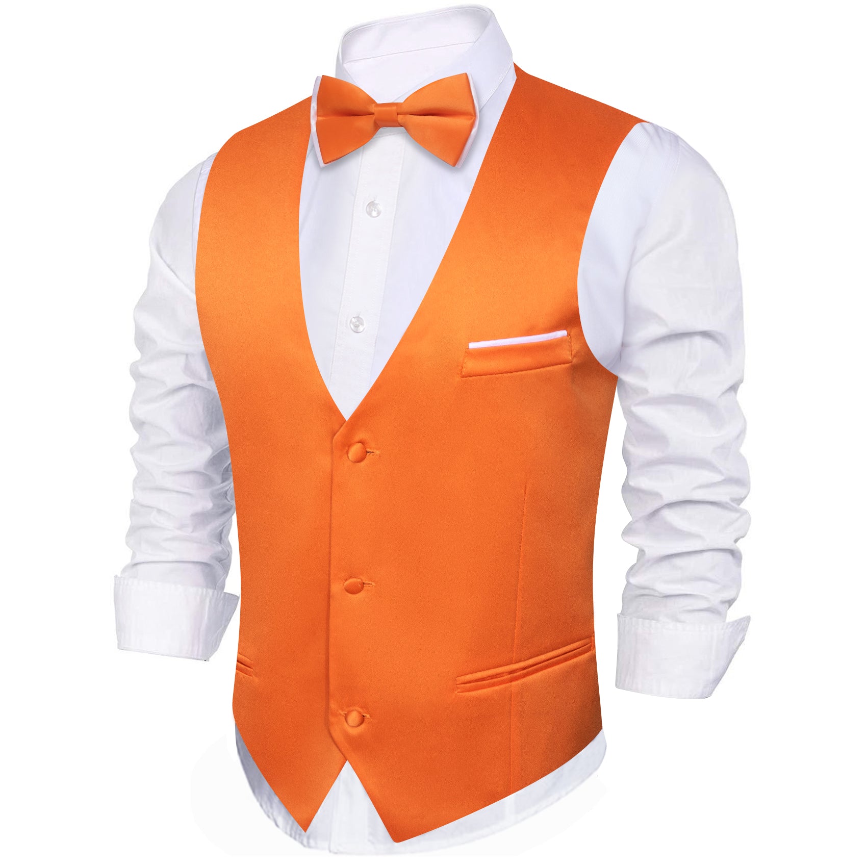 Orange Solid Silk Vest Bowtie Pocket Square Cufflinks Set