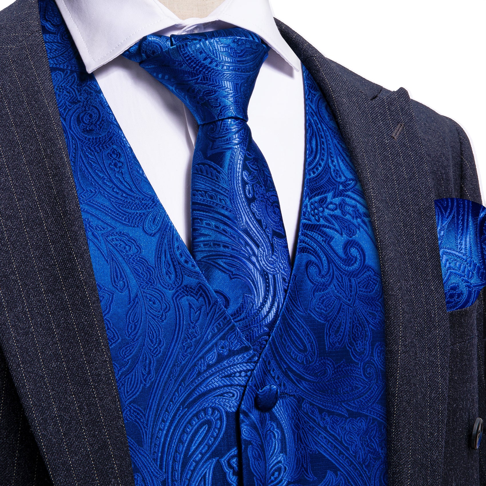 Cerulean Blue Paisley Silk Vest Necktie Pocket Square Cufflinks Set