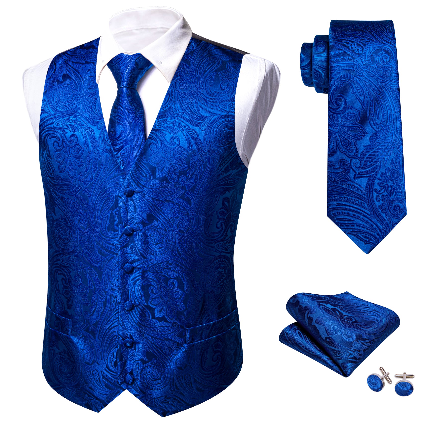 Cerulean Blue Paisley Silk Vest Necktie Pocket Square Cufflinks Set