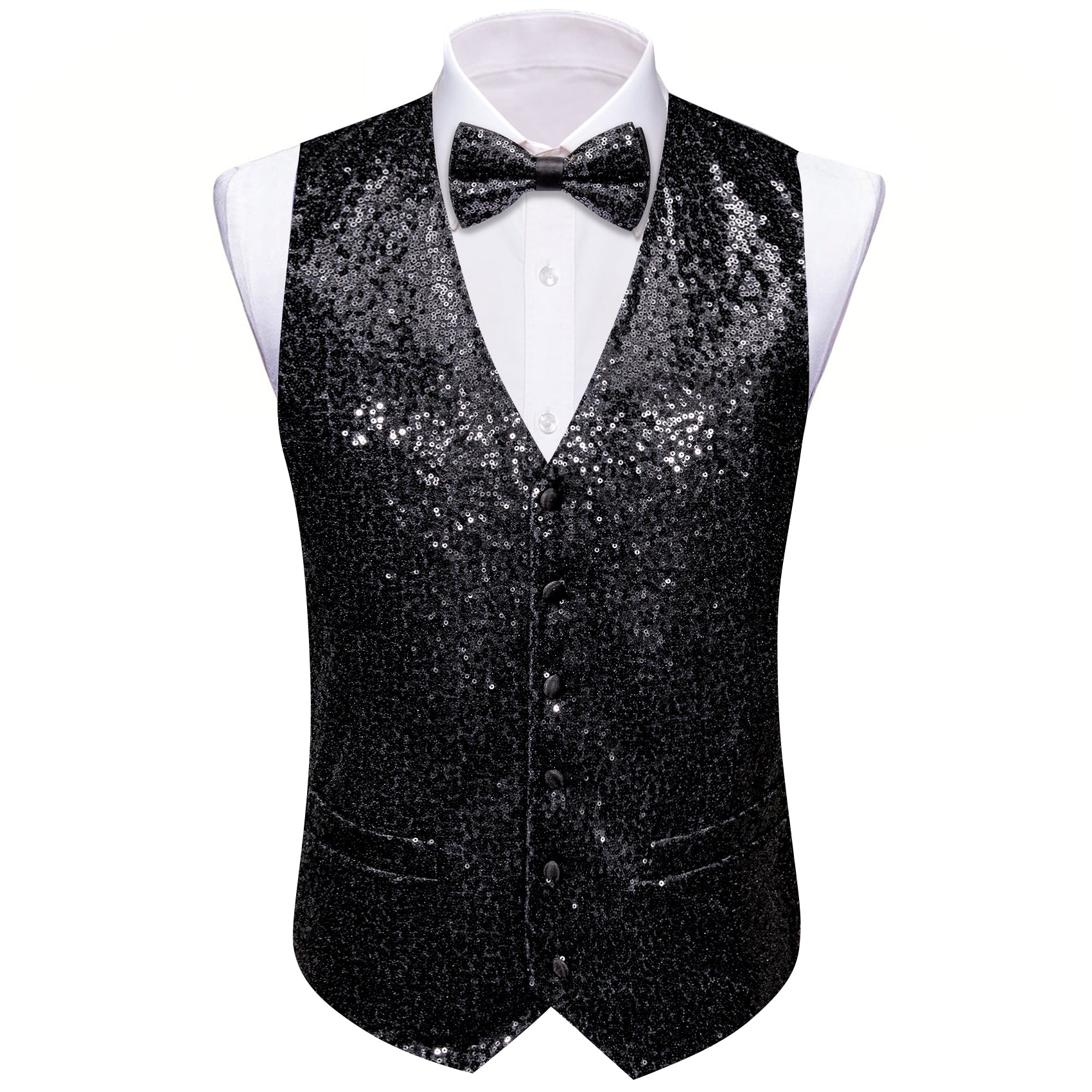 Barry.wang Men's Vest Shining Black Bow tie Waistcoat Vest Set for Party