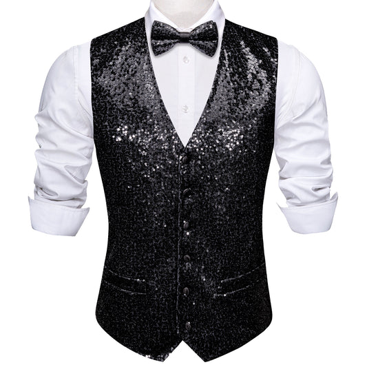 Barry. Wang Men's Vest Shining Black Bow tie Waistcoat Vest Set for Party