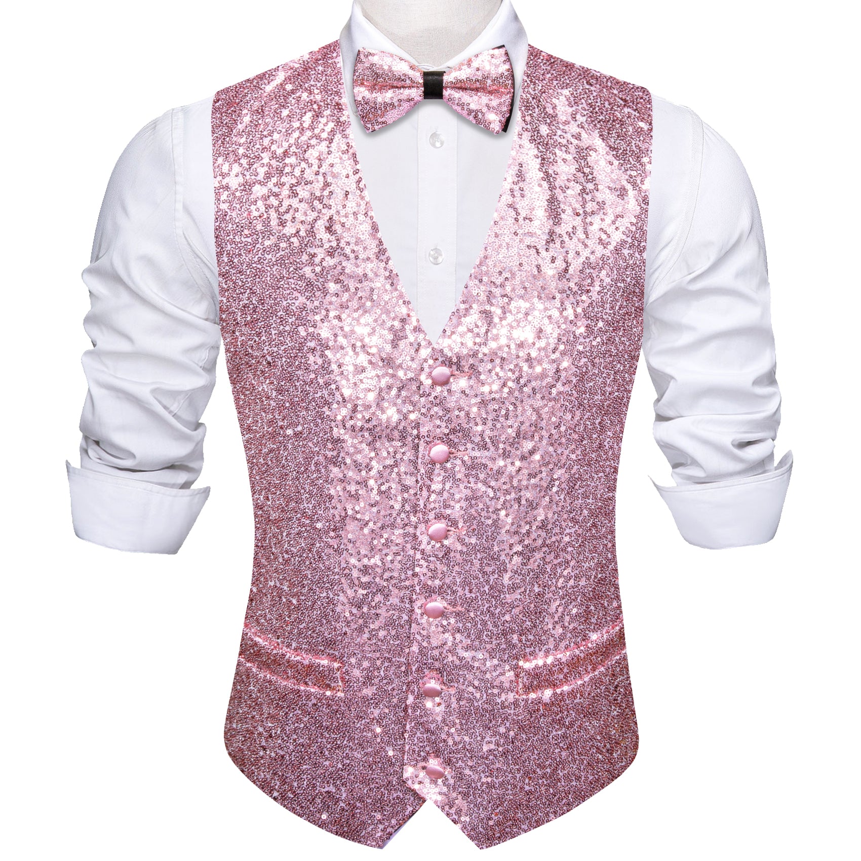 Barry.wang Men's Vest Pink Shining Bow tie Waistcoat Vest Set for Party