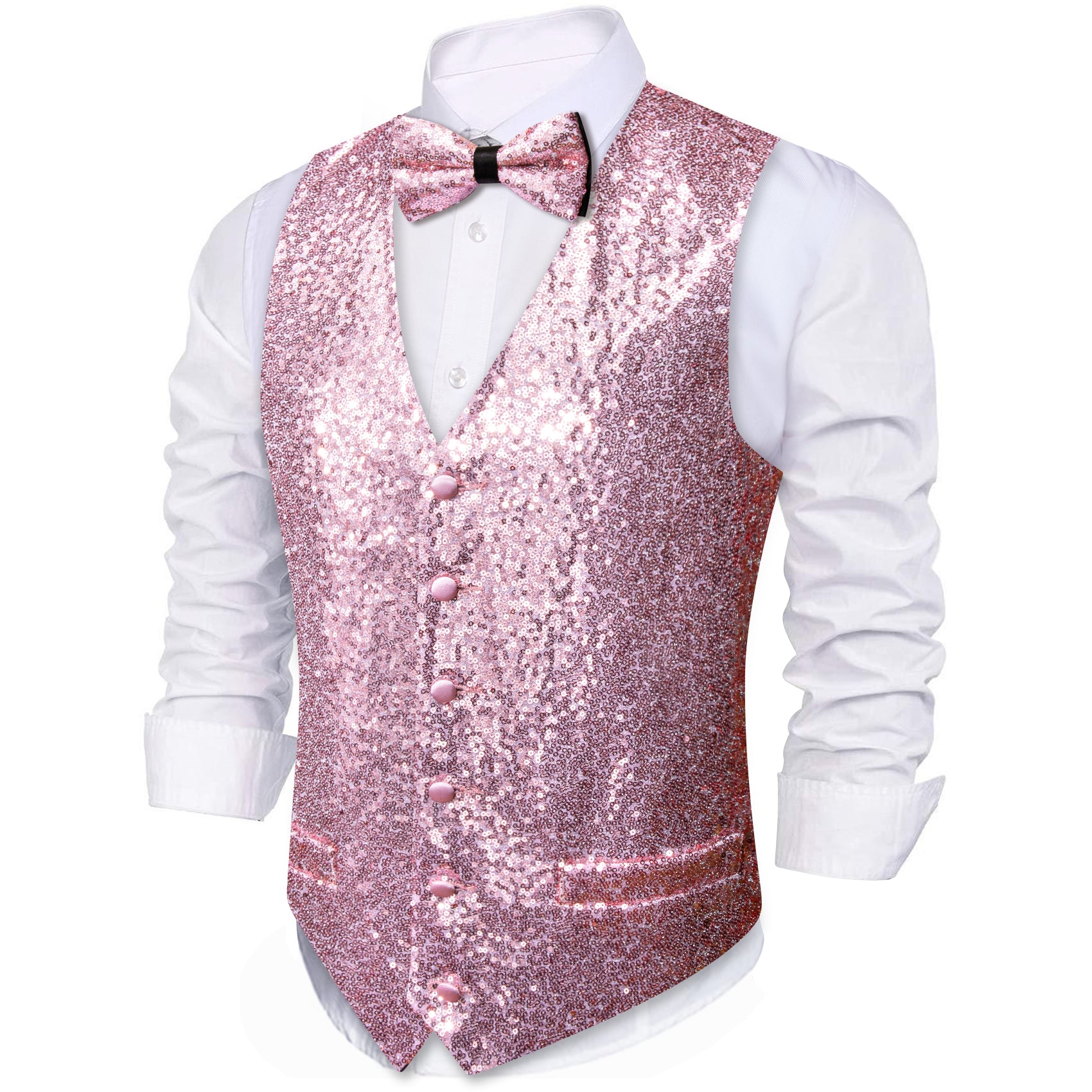 Barry.wang Men's Vest Pink Shining Bow tie Waistcoat Vest Set for Party