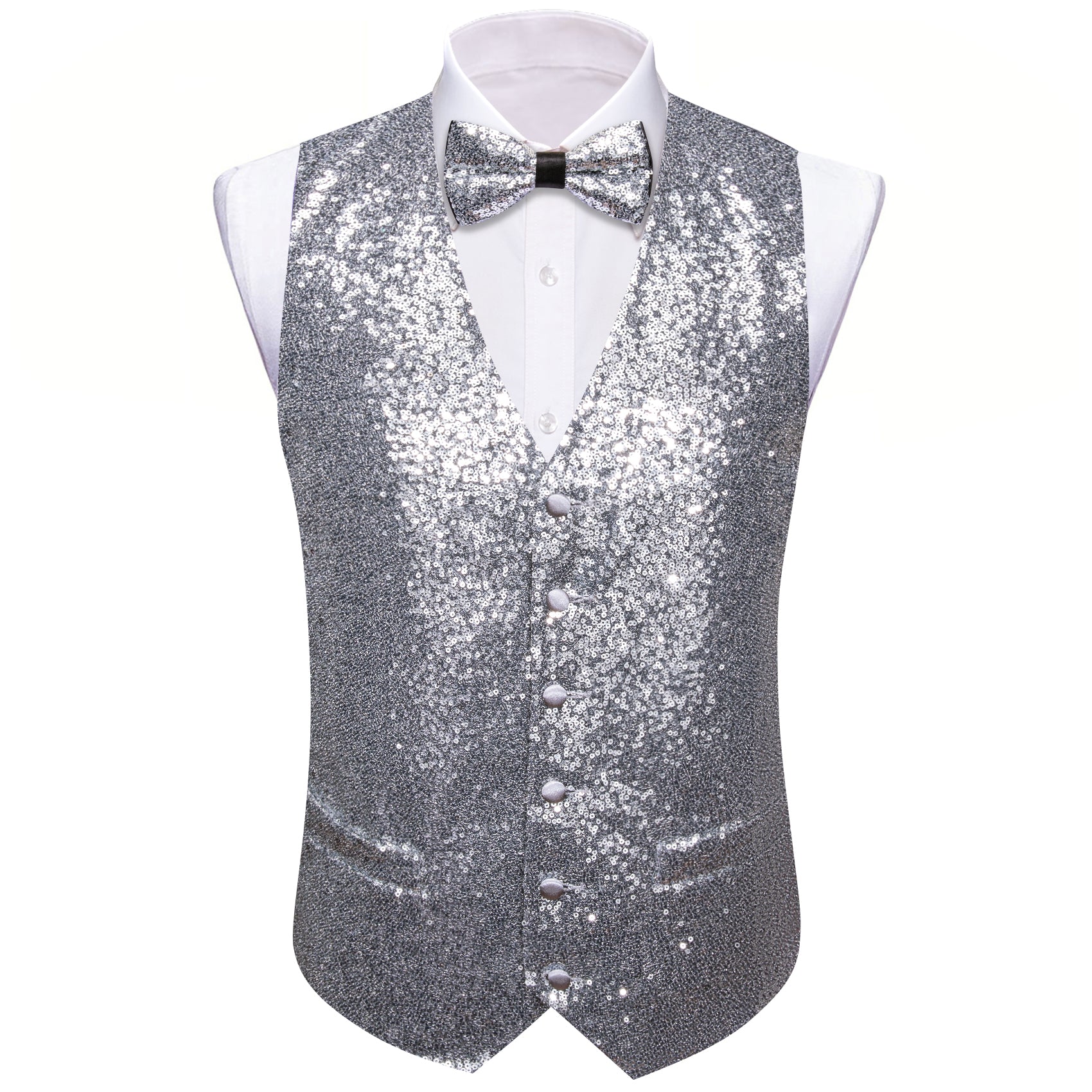 Barry.wang Men's Vest Shining Silver Bow tie Waistcoat Vest Set for Men