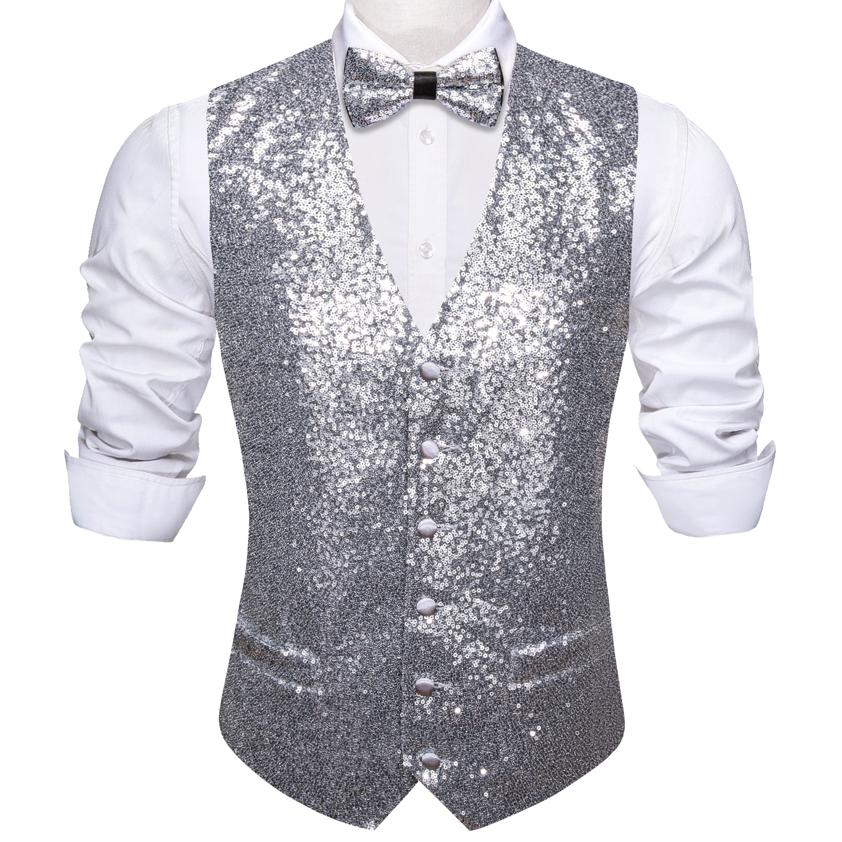 Shining Silver Bow tie Waistcoat Vest Set 