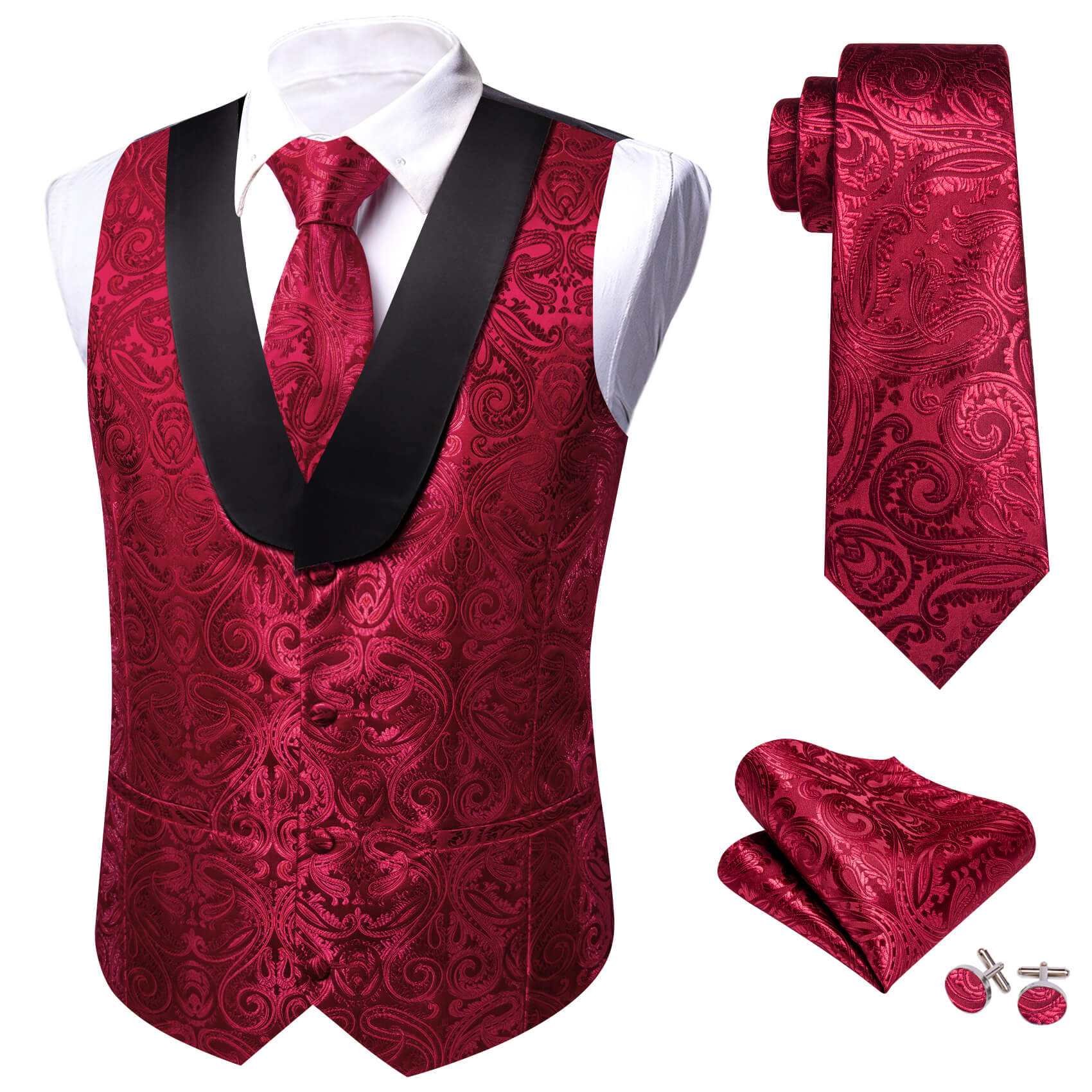 Barry.wang Men's Vest Burgundy Red Jacquard Paisley Silk Shawl Collar Vest Tie Pocket Square Cufflinks Set