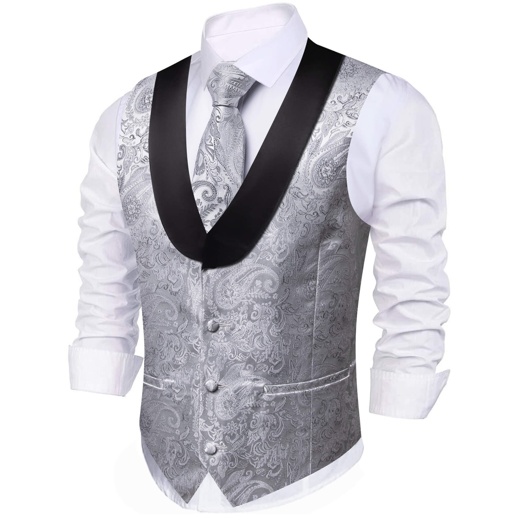 Silver Grey Paisley Men's Silk Vest Tie Hanky Cufflinks