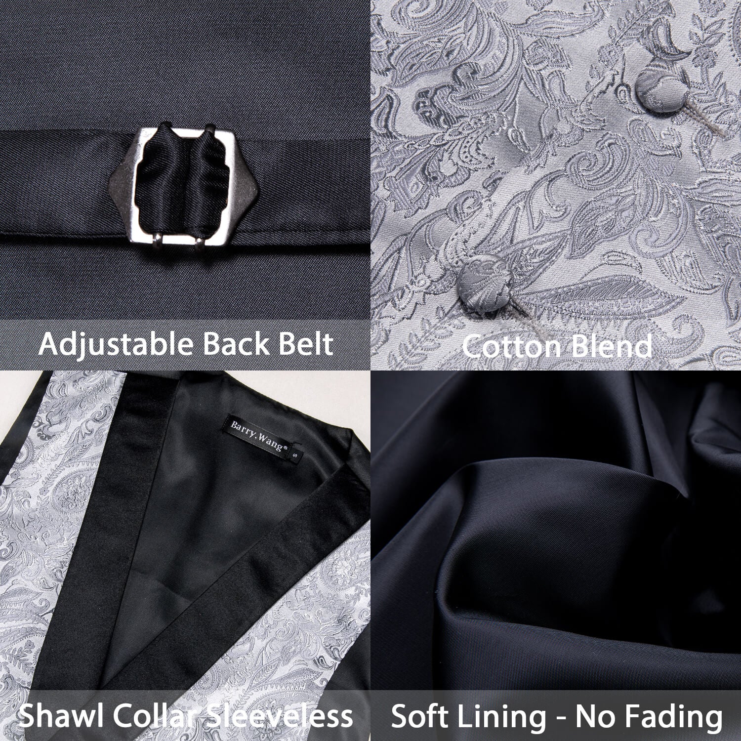 Barry.wang Shawl Collar Vest Silver Grey Paisley Men's Silk Vest Tie Hanky Cufflinks Set