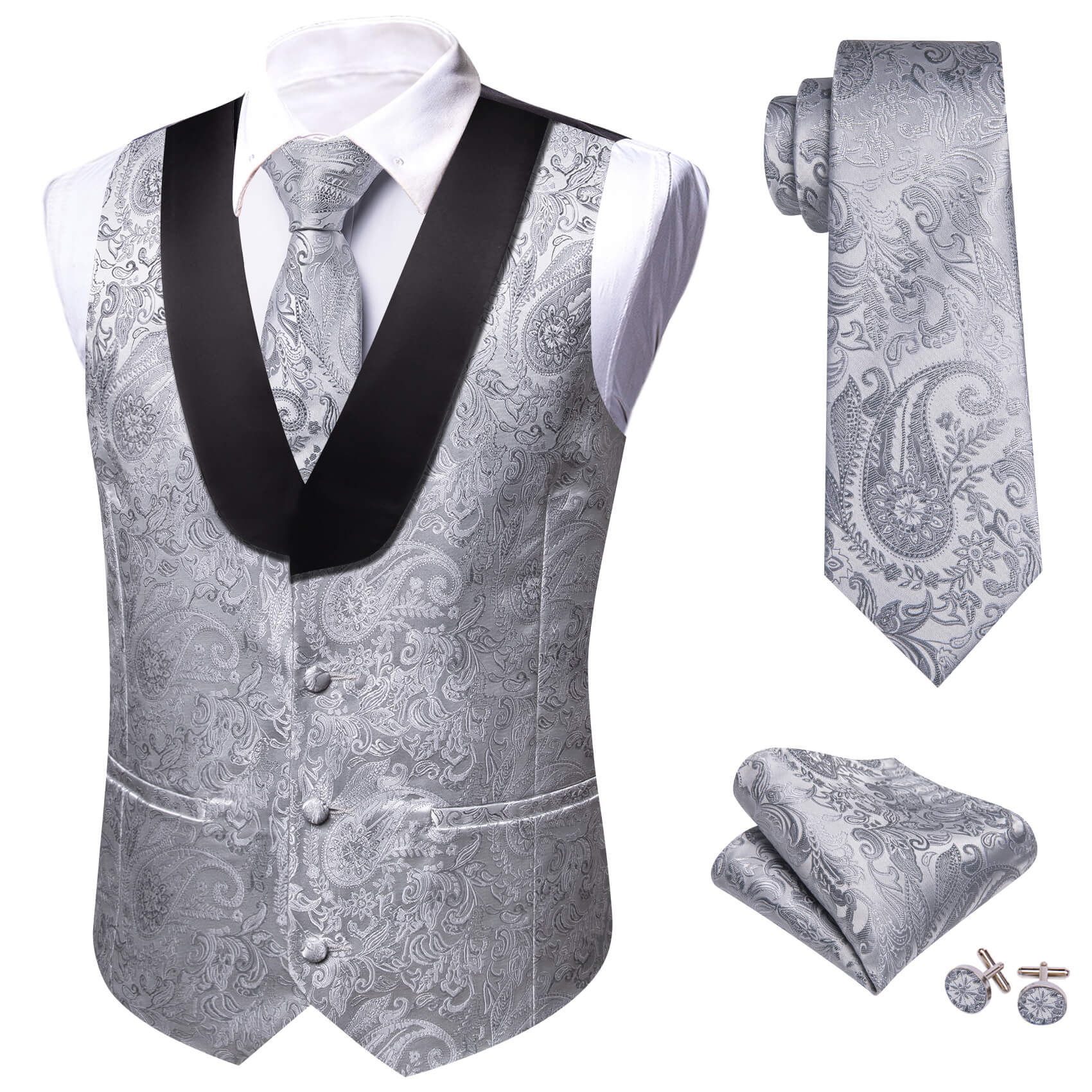 Barry.wang Shawl Collar Vest Silver Grey Paisley Men's Silk Vest Tie Hanky Cufflinks Set