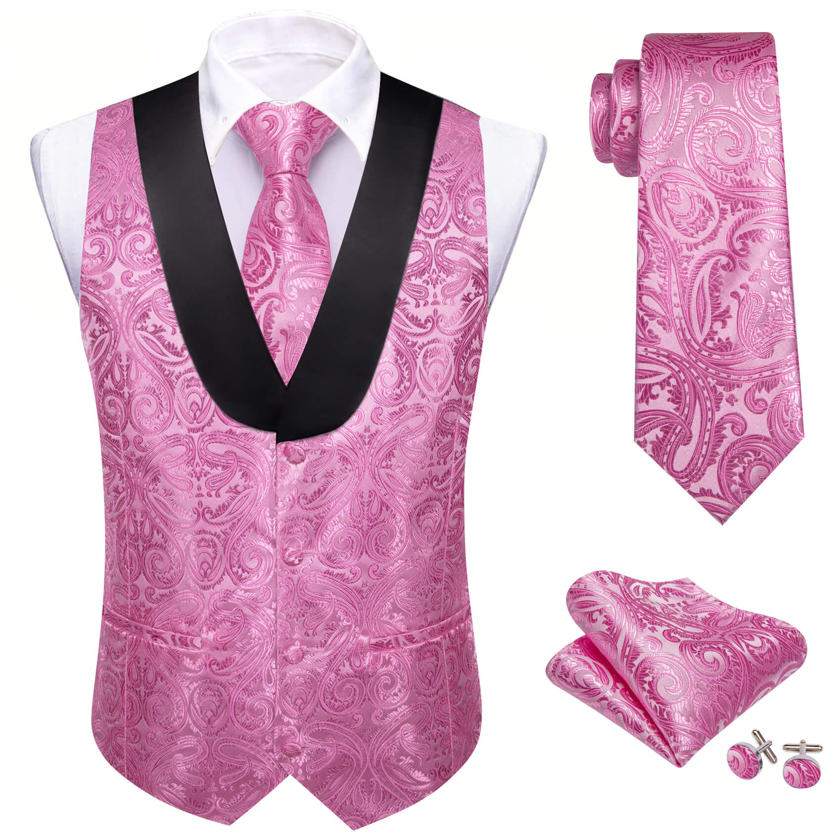Barry.wang Shawl Collar Vest Hot Pink Paisley Men's Vest Necktie Hanky Cufflinks Set