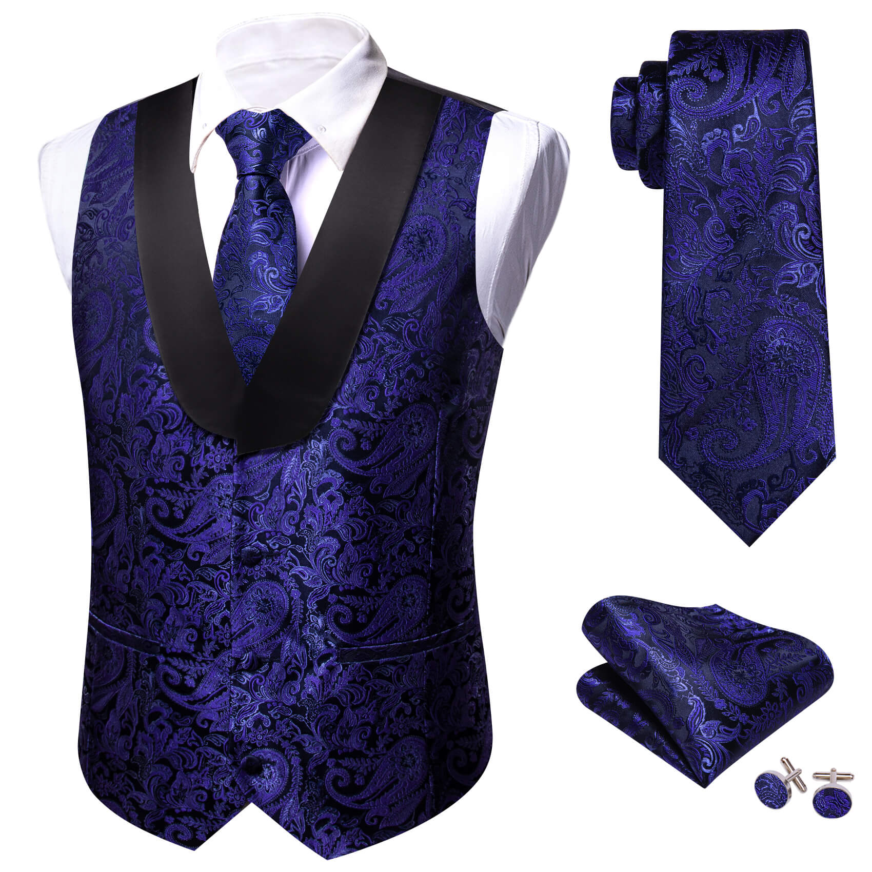 Barry.wang Vest for Men Navy Blue Paisley Shawl Collar Vest Tie Hanky Cufflinks Set