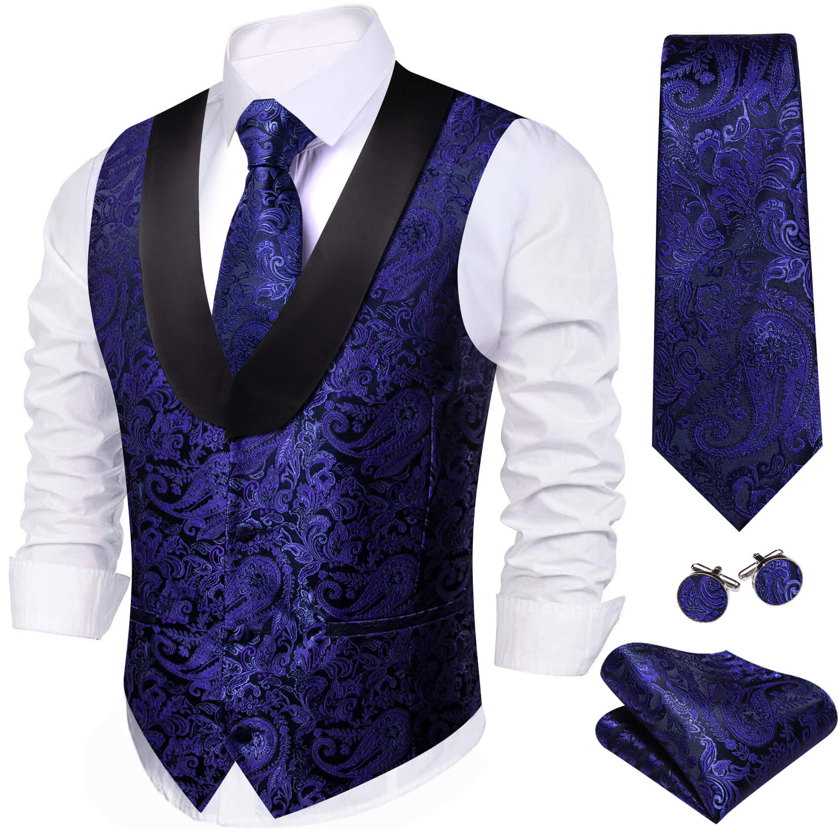Barry.wang Vest for Men Navy Blue Paisley Shawl Collar Vest Tie Hanky Cufflinks Set