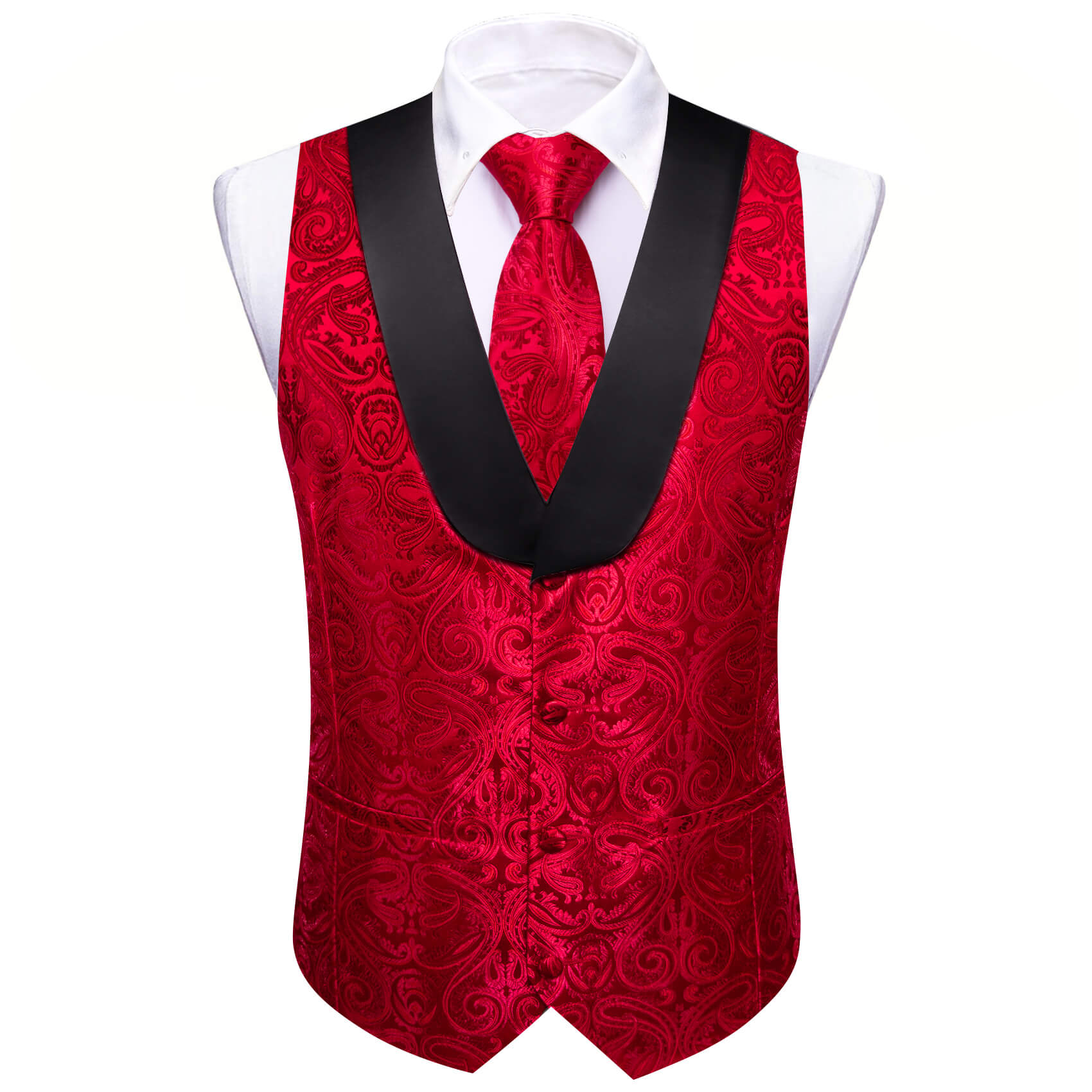 Barry.wang Vest for Men Red Jacquard Paisley Shawl Collar Vest Tie Set