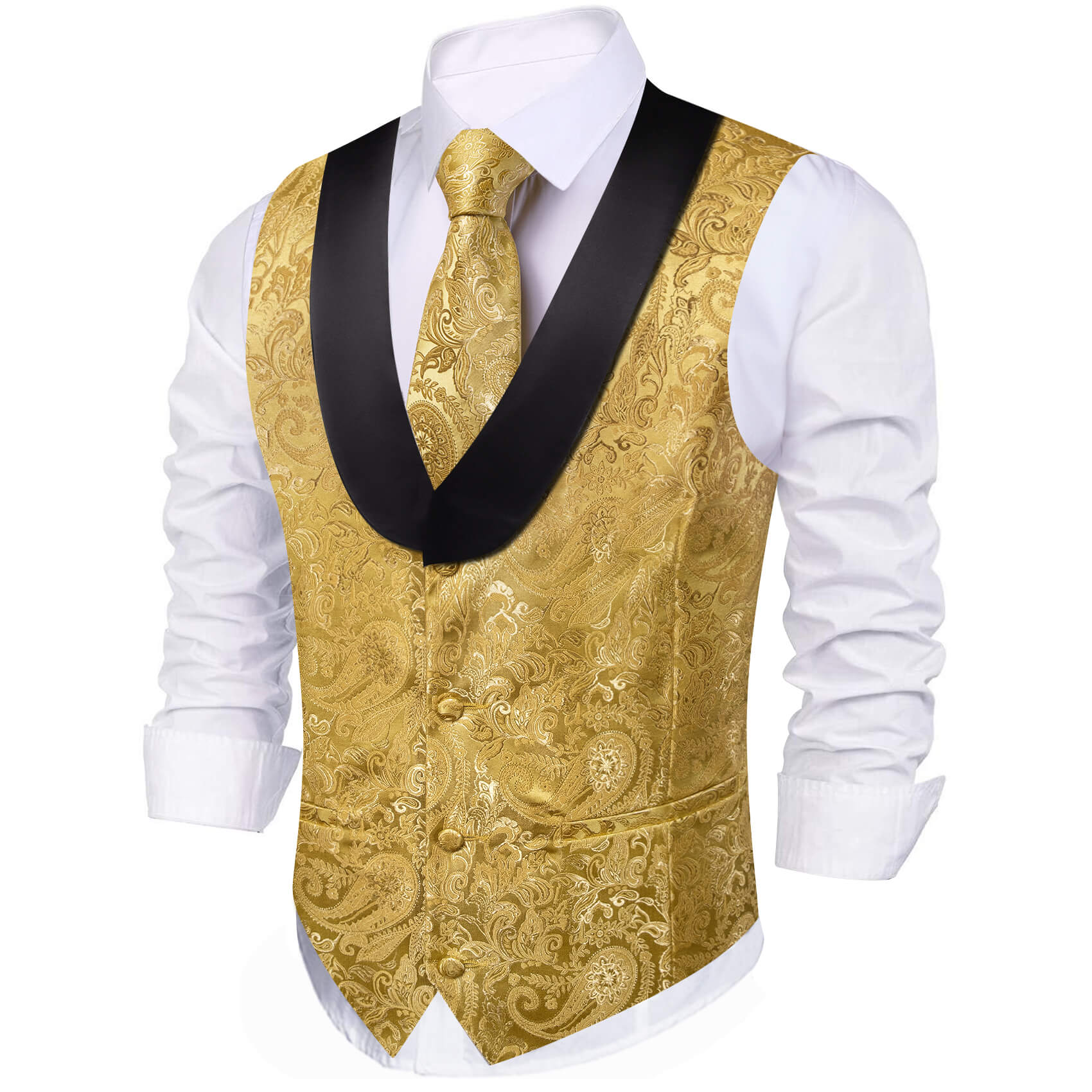 Men's Vest Gold Yellow Paisley Silk Shawl Collar Vest 