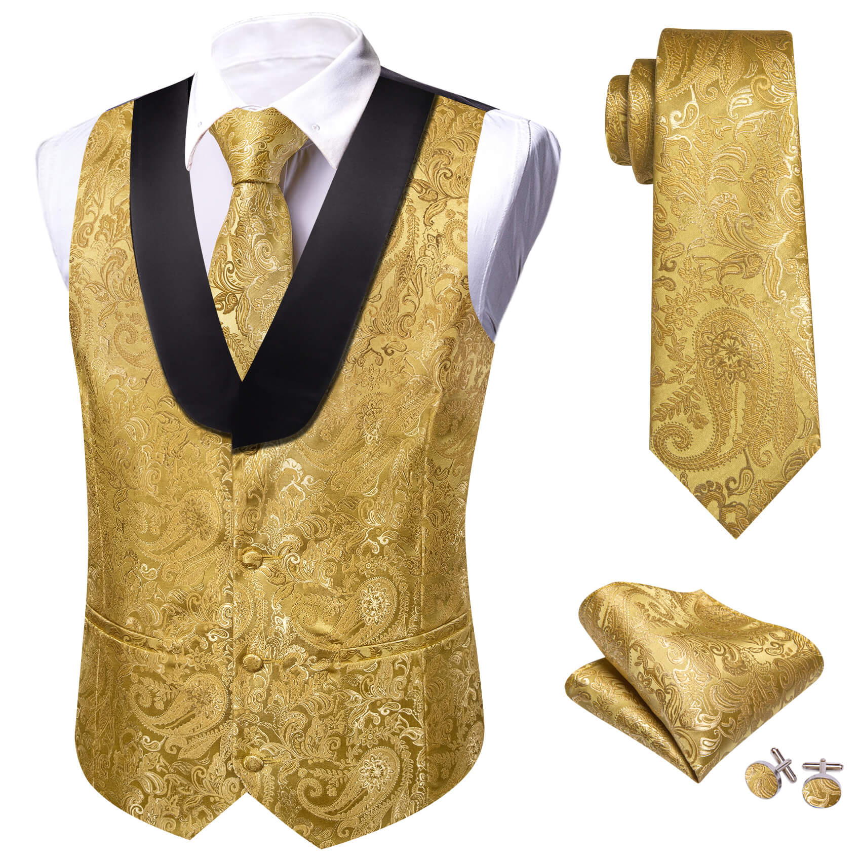 Barry.wang Men's Vest Gold Yellow Paisley Silk Shawl Collar Vest Tie Set