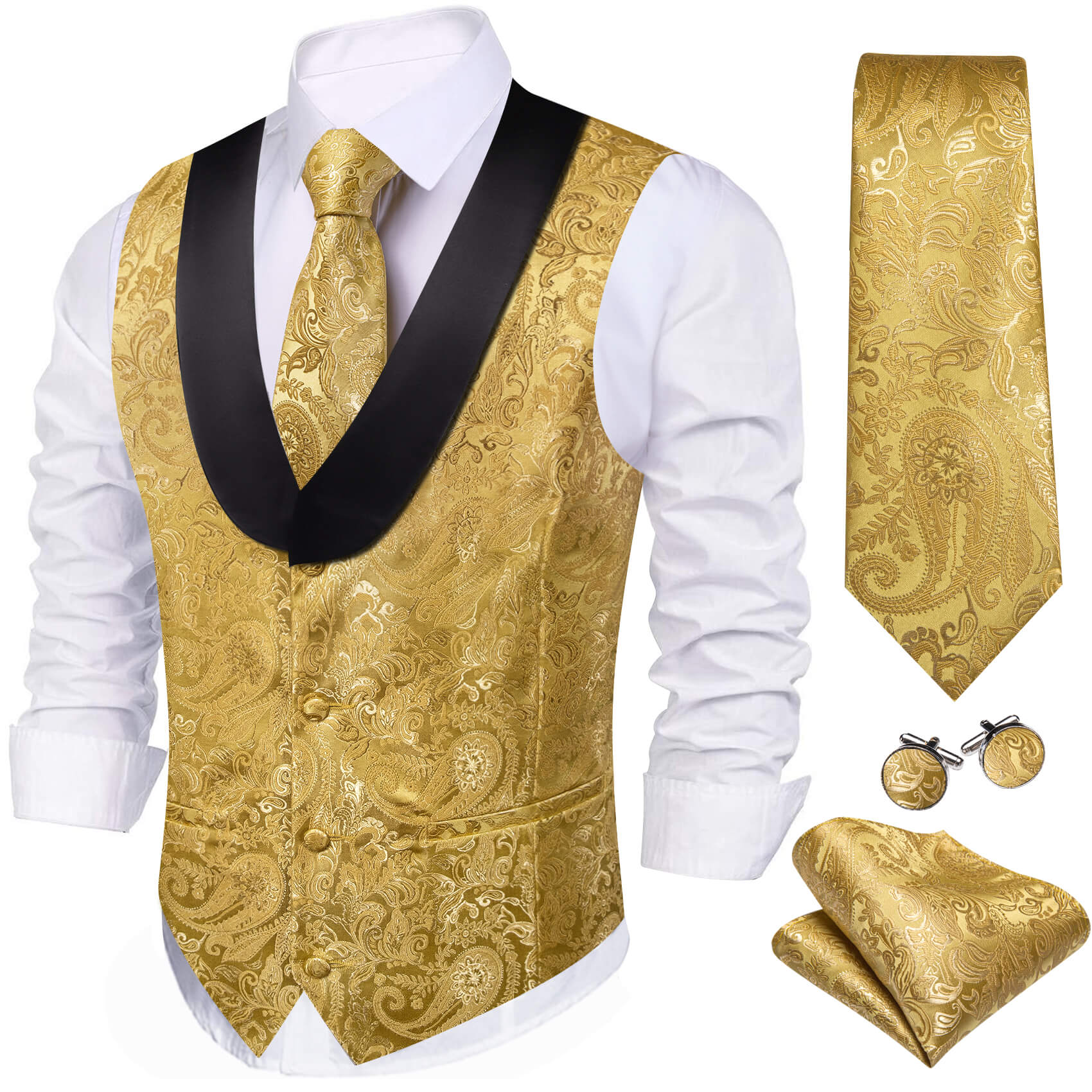 Barry.wang Men's Vest Gold Yellow Paisley Silk Shawl Collar Vest Tie Set