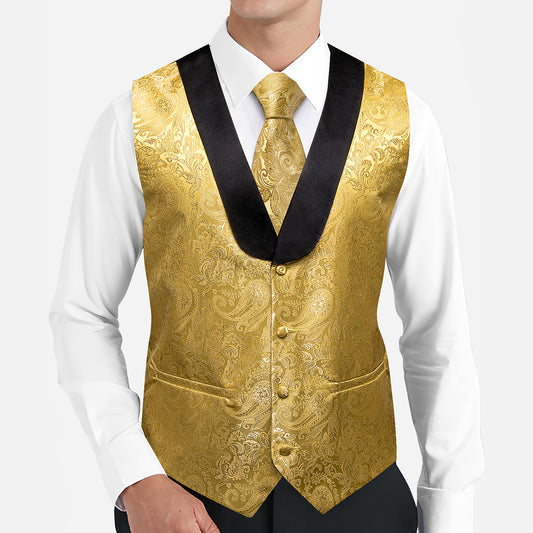 Barry. Wang Mens Shawl Collar Gold Paisley Suit Vest Necktie Handkerchief Cufflinks Set