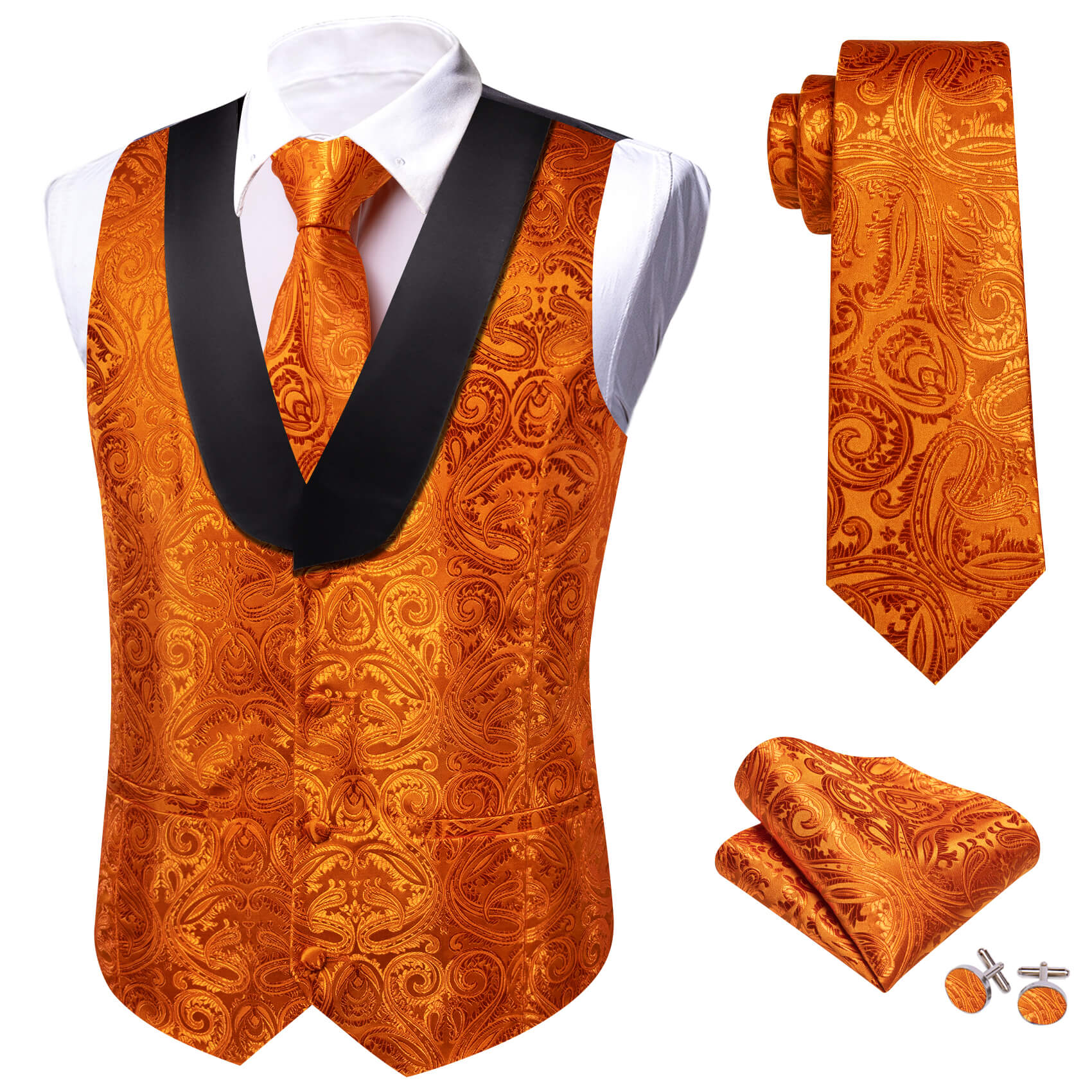 Barry.wang Men's Vest Fire Orange Paisley Shawl Collar Silk Vest Tie Set