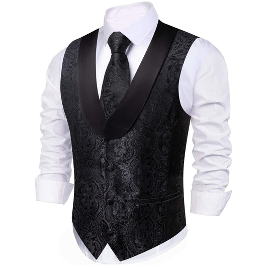  Men's Vest Black Silk Paisley Shawl Collar Vest black tux red vest