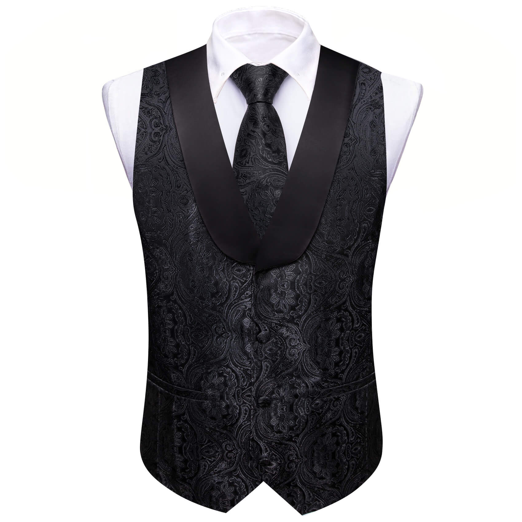 Barry.wang Men's Vest Black Silk Paisley Shawl Collar Vest Tie Handkerchief Cufflinks Set