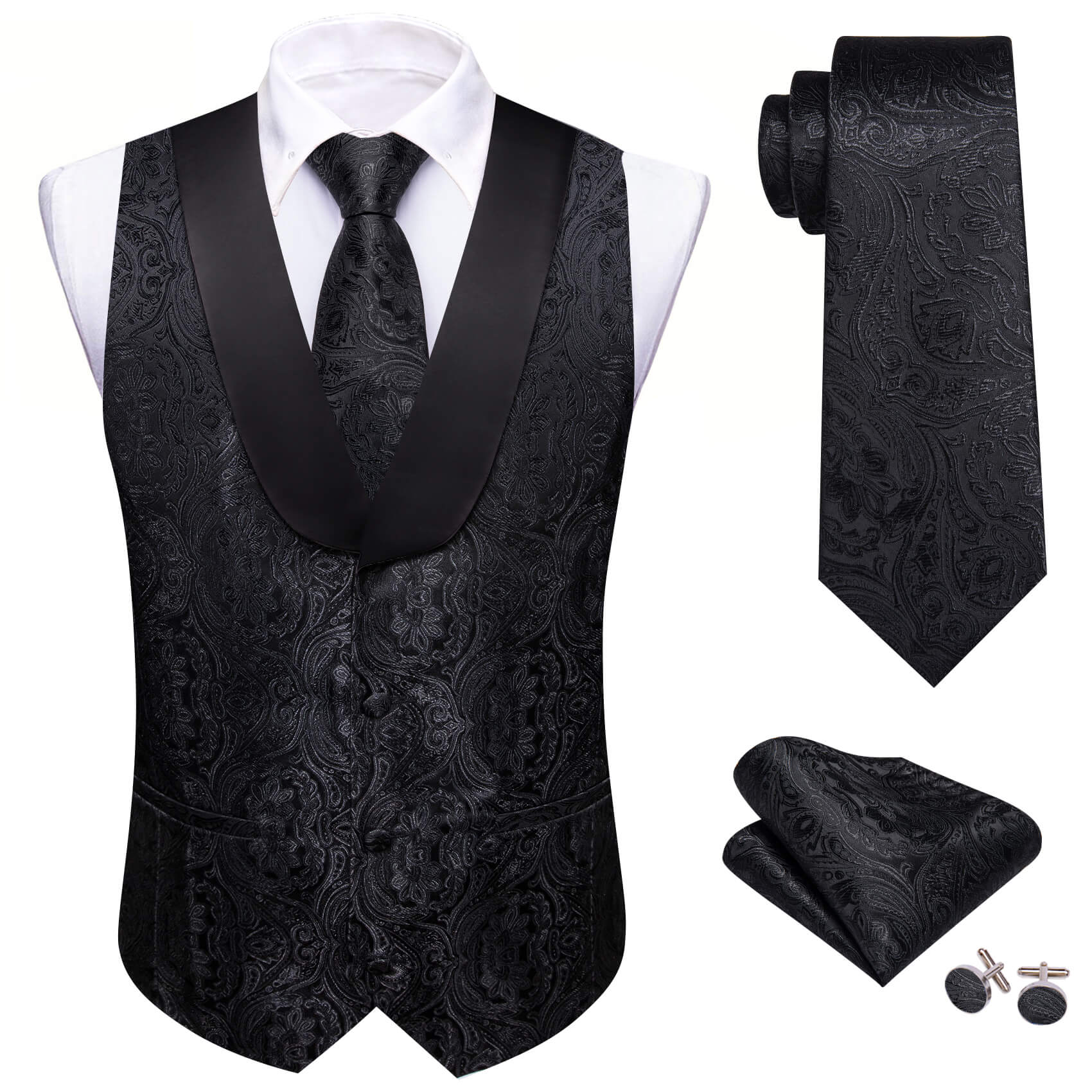 Barry.wang Men's Vest Black Silk Paisley Shawl Collar Vest Tie Handkerchief Cufflinks Set