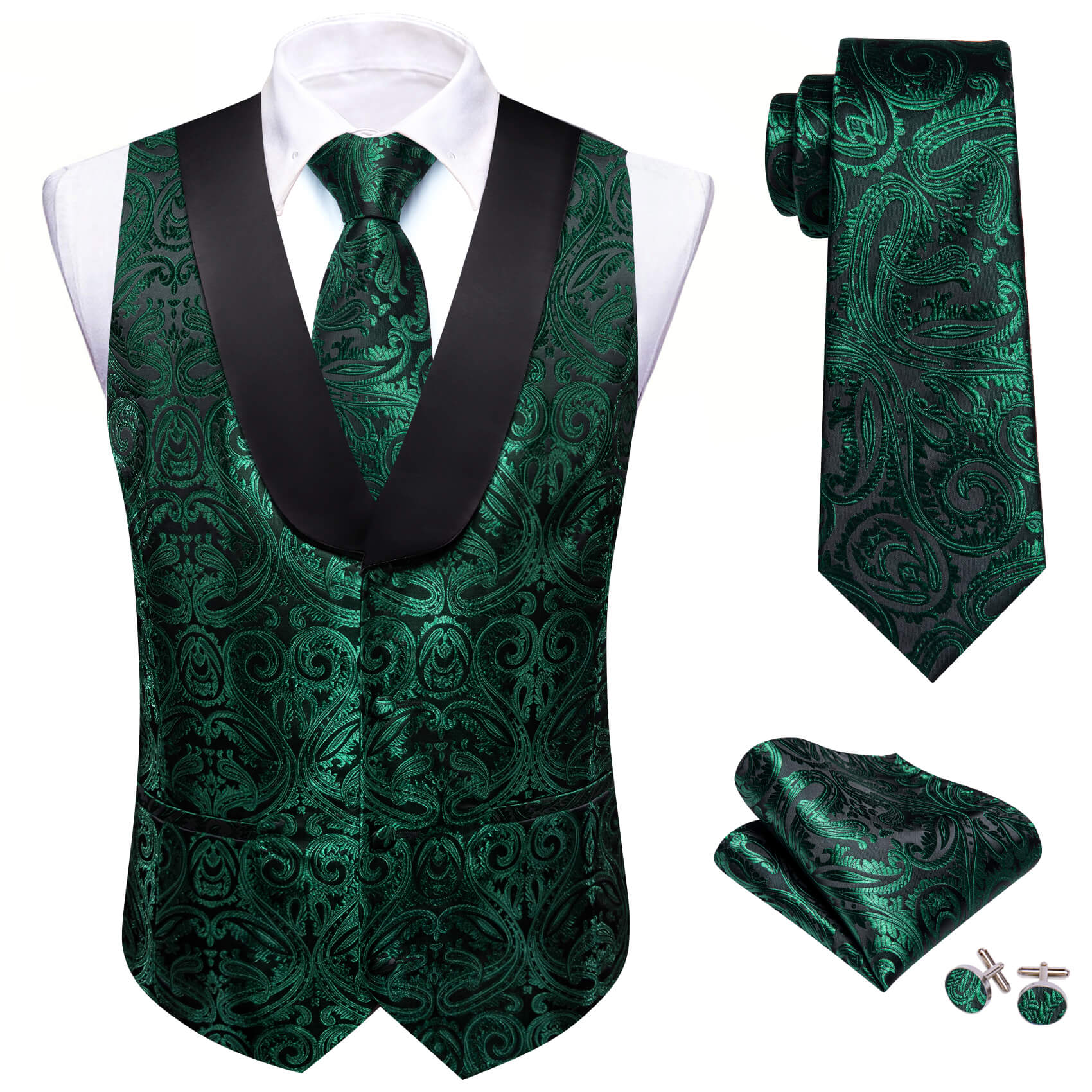 Barry.wang Shawl Collar Vest Dark Green Jacquard Woven Paisley Men's Silk Vest Tie Set