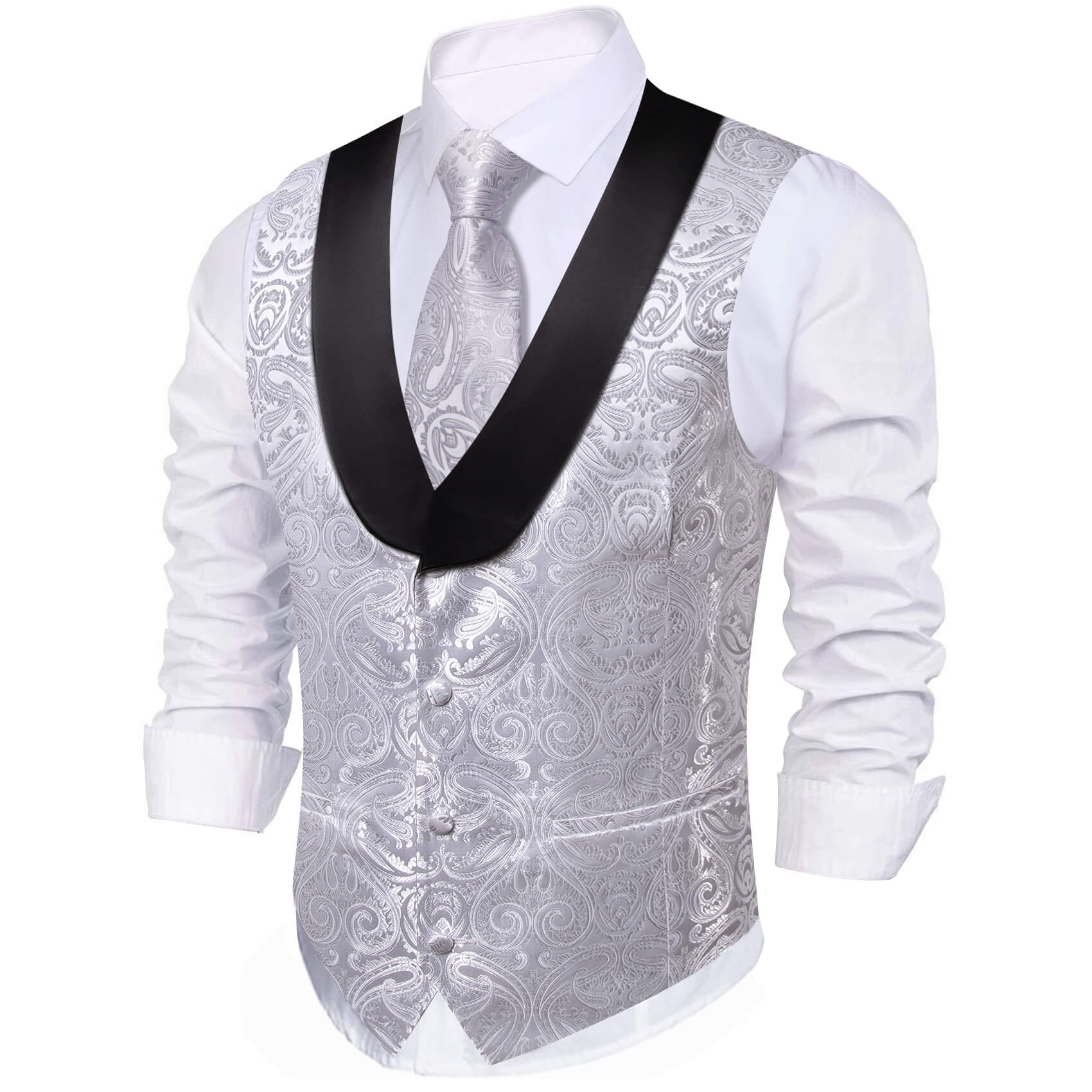 Shawl Collar Vest Light Gray Paisley Mens Silk Vest
