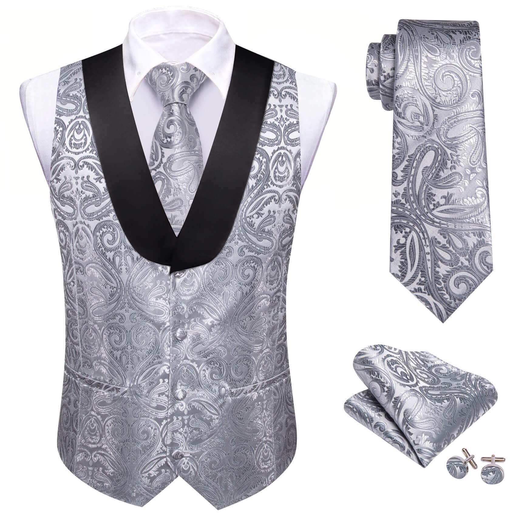 Barry.wang Shawl Collar Vest Dark Gray Paisley Silk Men's Vest Tie Set