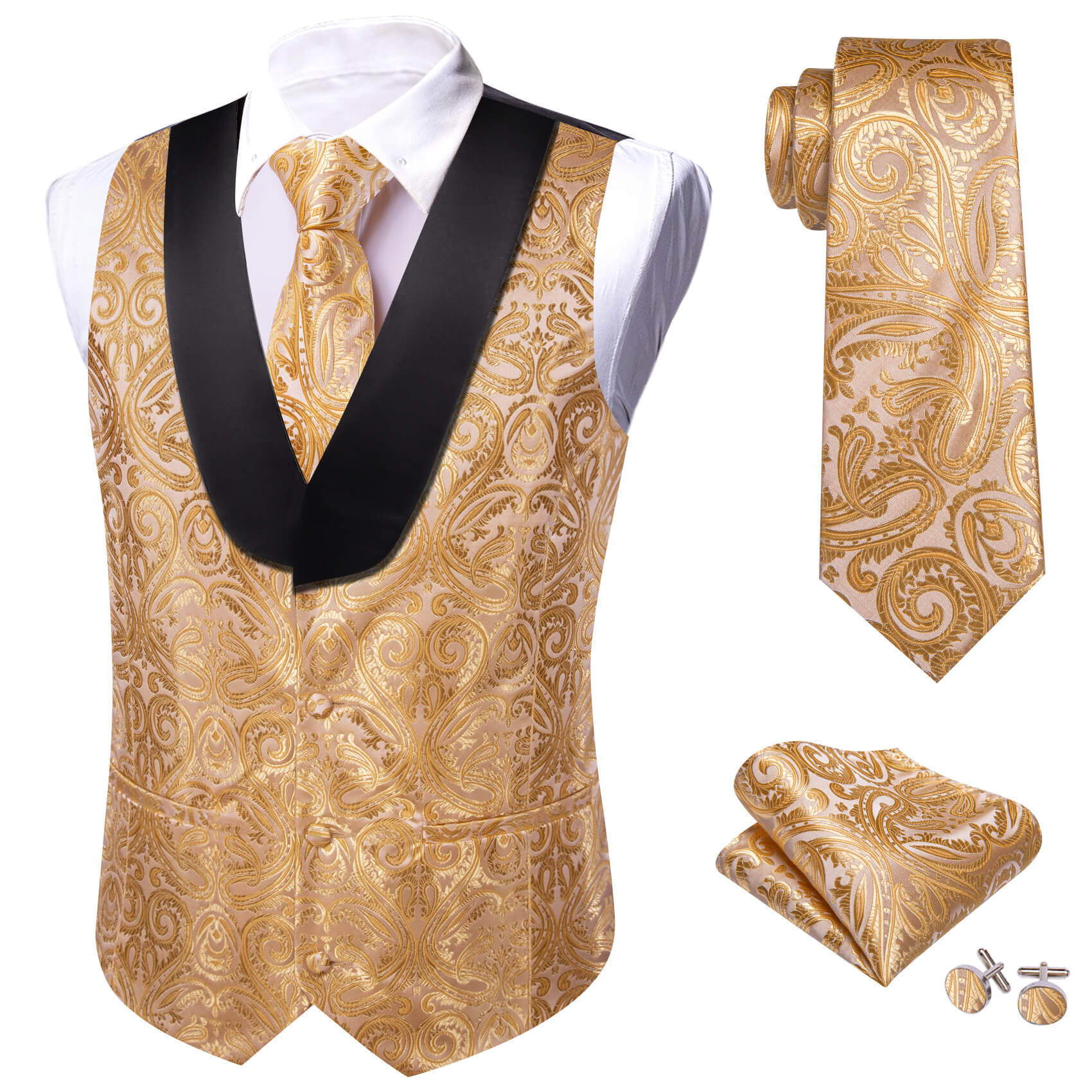 Barry.wang Shawl Collar Vest BurlyWood Brown Paisley Silk Men's Vest Tie Set