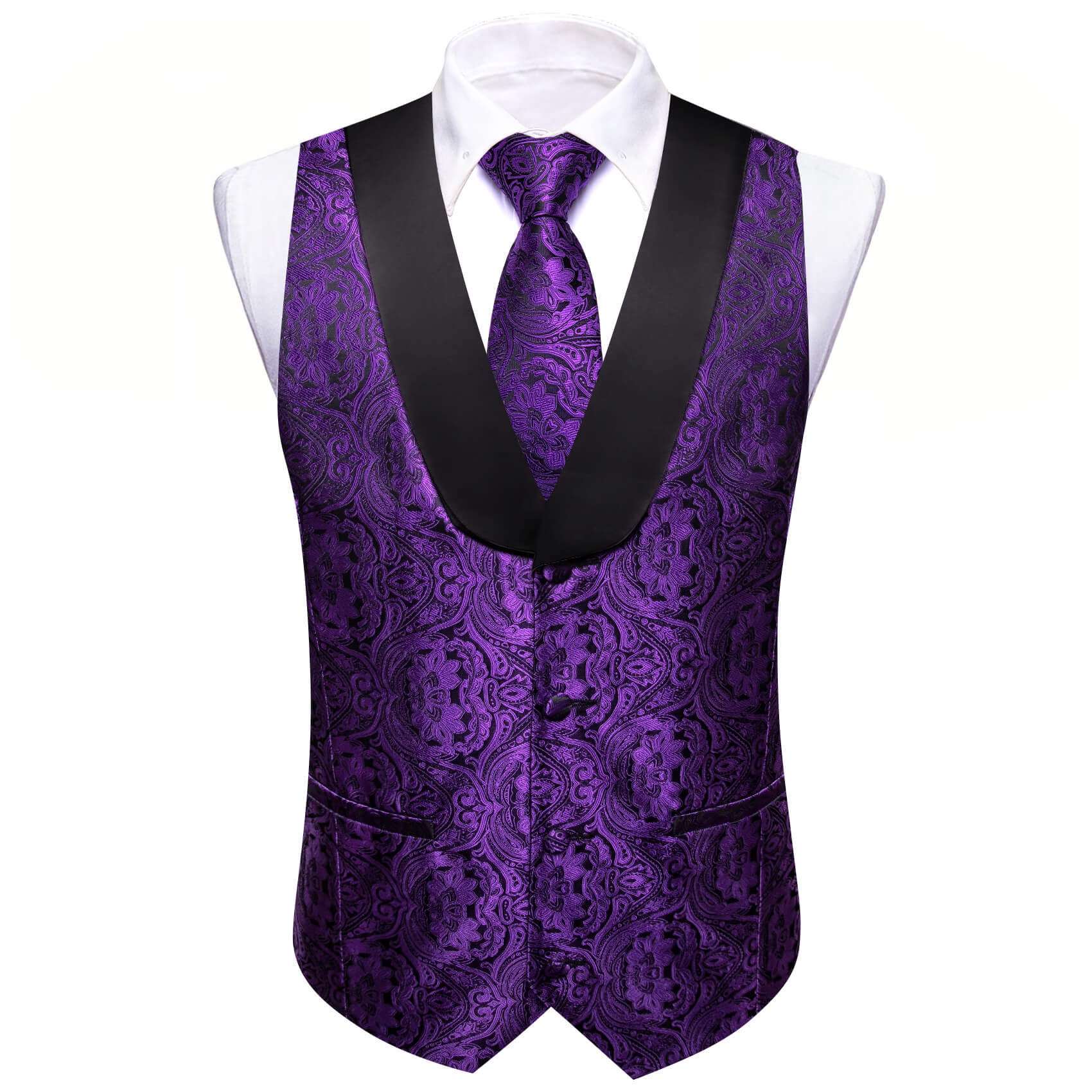 Barry.wang Shawl Collar Vest Violet Purple Paisley Men's Silk Vest Tie Set