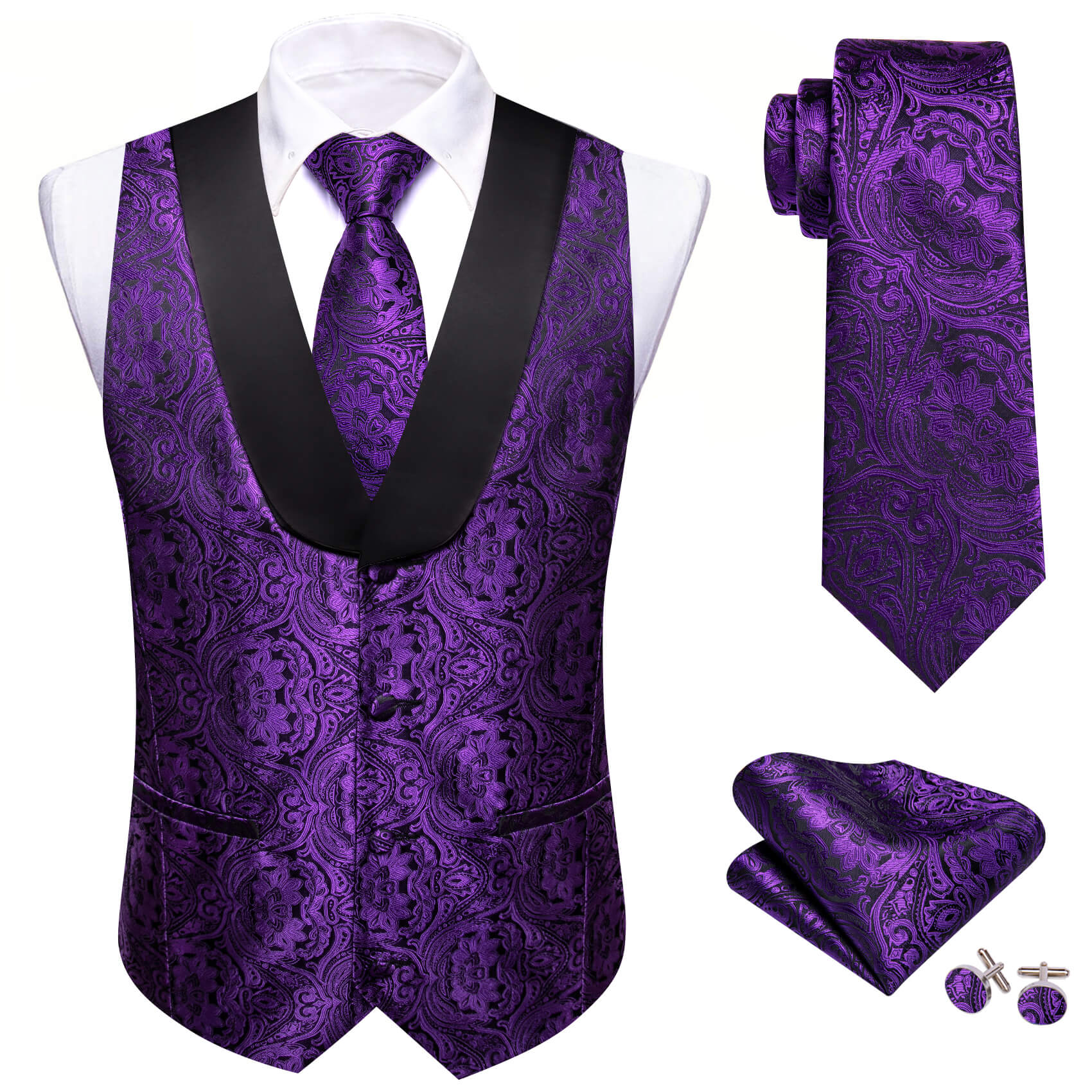 jacket vest Dark Purple vest Pailsey Necktie and pocket square 