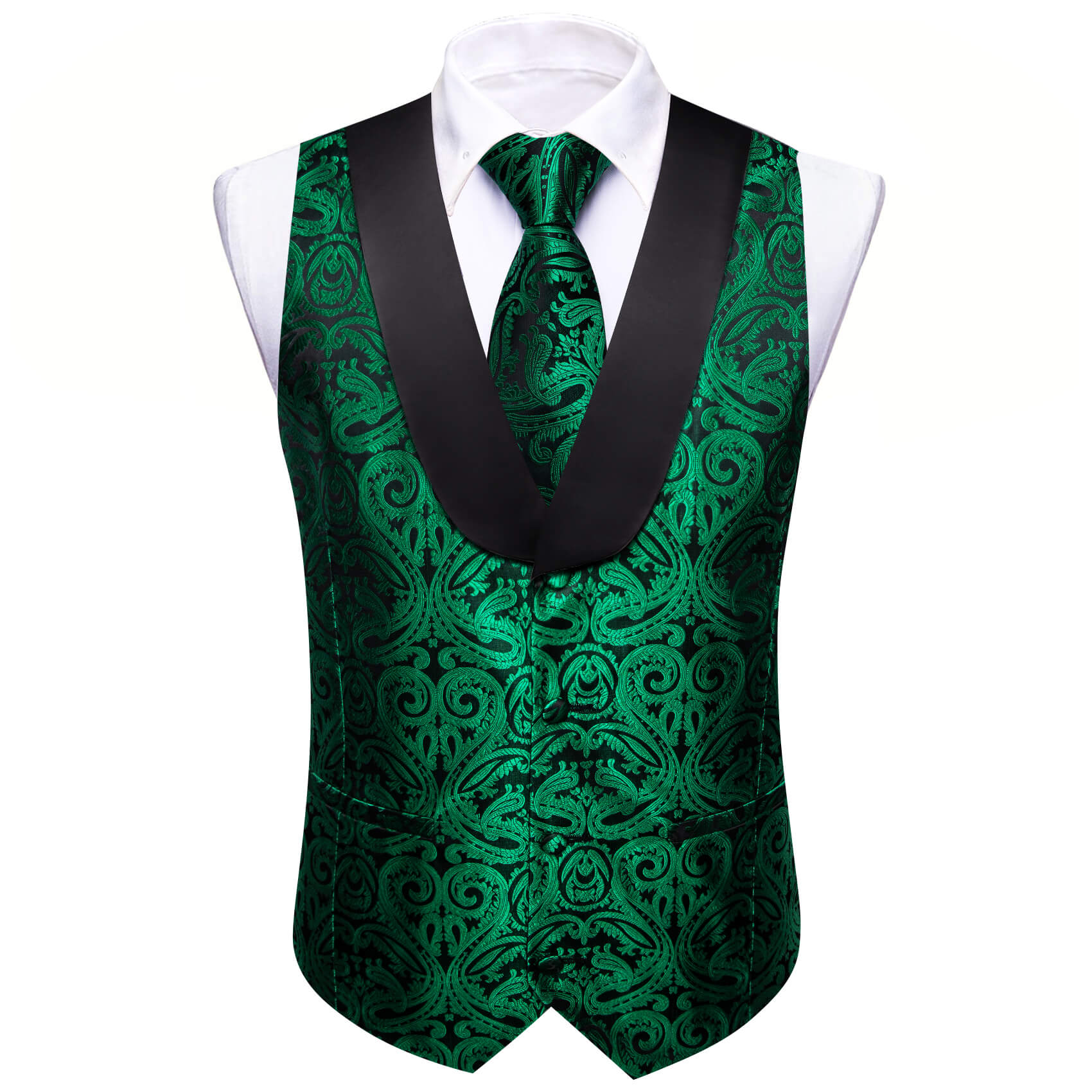 Barry.wang Shawl Collar Vest Forest Green Paisley Vest Tie Set for Men