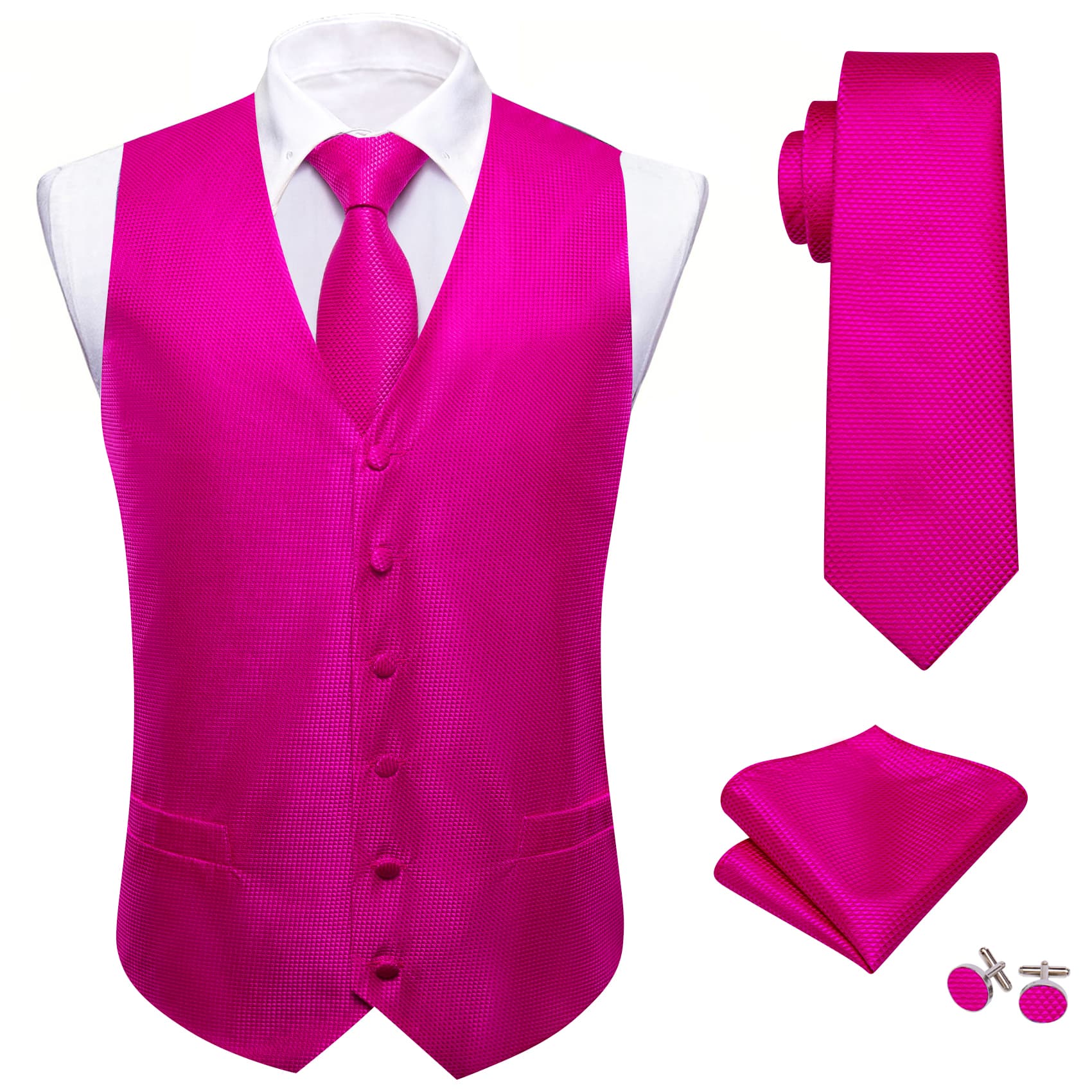  Mens Vest Set Deep Pink No Collar Solid Waistcoat for Party