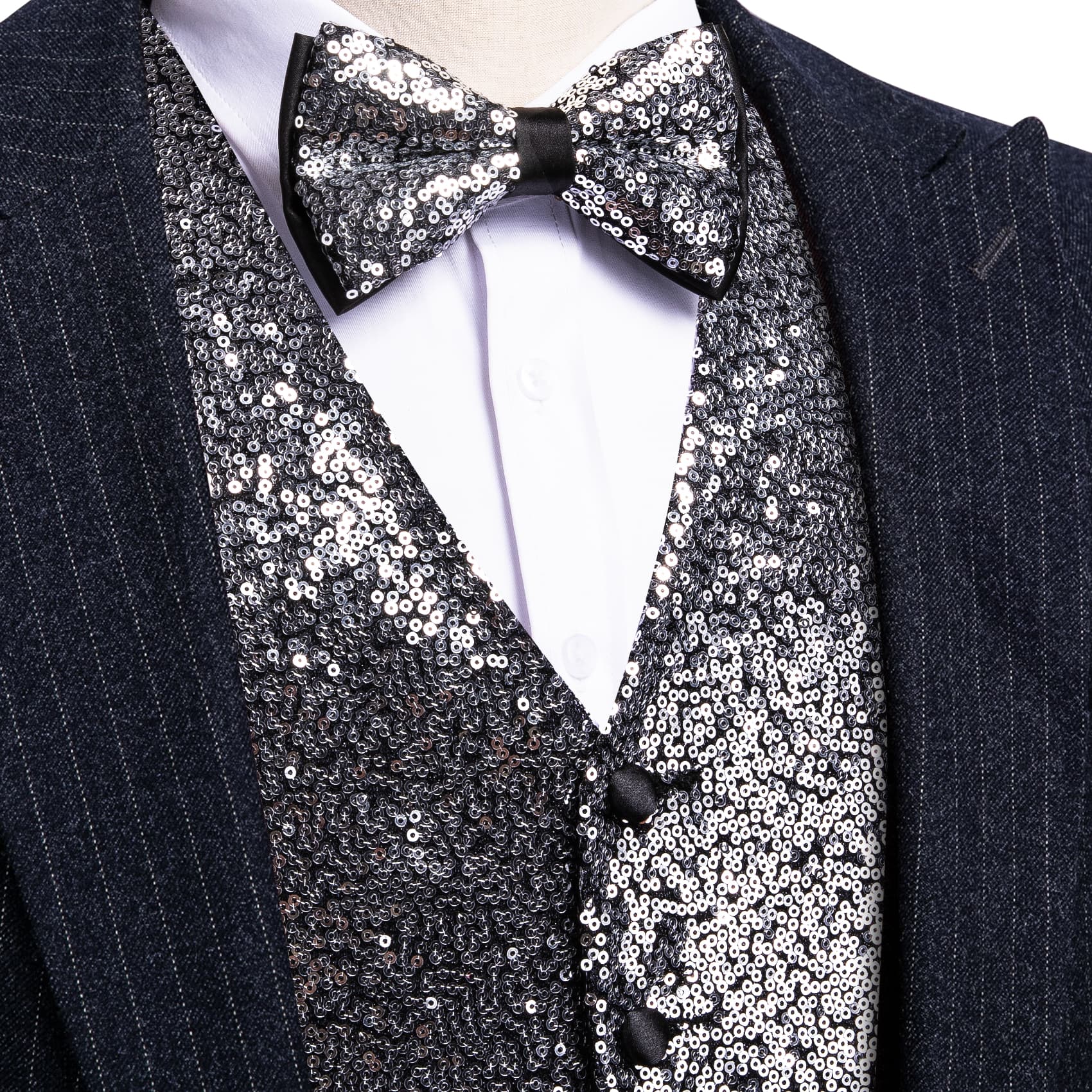 Sequin Top for Men Dark Gray Solid V-Neck Vest Bow Tie Set