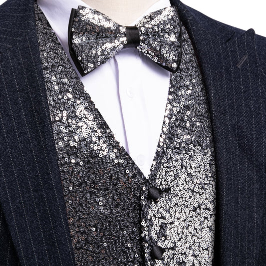 Sequin Top for Men Dark Gray Solid V-Neck Vest Bow Tie Set light grey vest suit