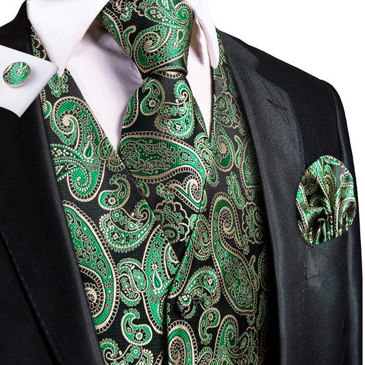 Barry. Wang Emerald Green Paisley Silk Mens Vest Hanky Cufflinks Tie Set Waistcoat Suit Set