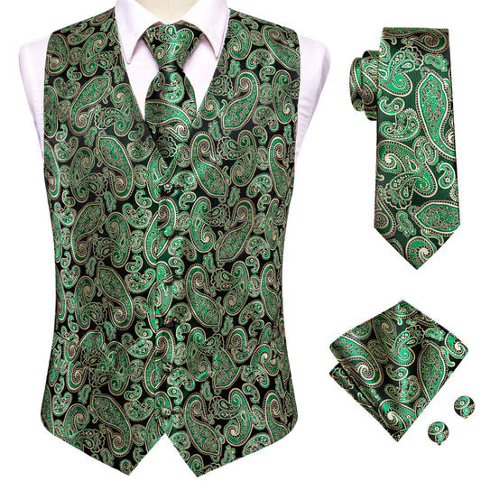 Barry. Wang Emerald Green Paisley Silk Mens Vest Hanky Cufflinks Tie Set Waistcoat Suit Set