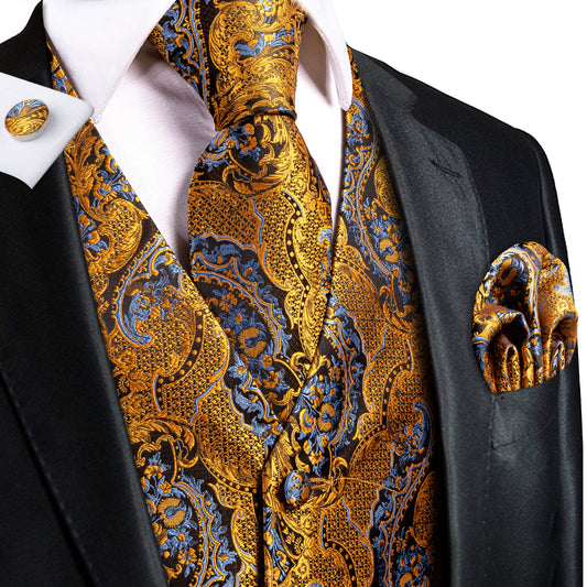 Barry. Wang Gold Paisley Silk Mens Vest Hanky Cufflinks Tie Set Waistcoat Suit Set