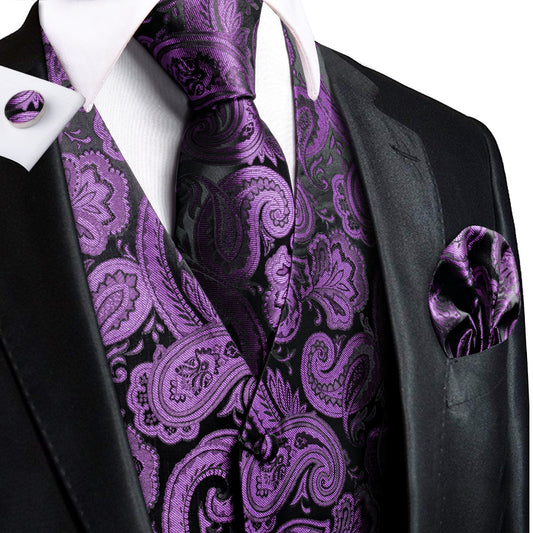 Barry. Wang Purple Black Paisley Silk Mens Vest Hanky Cufflinks Tie Set Waistcoat Suit Set