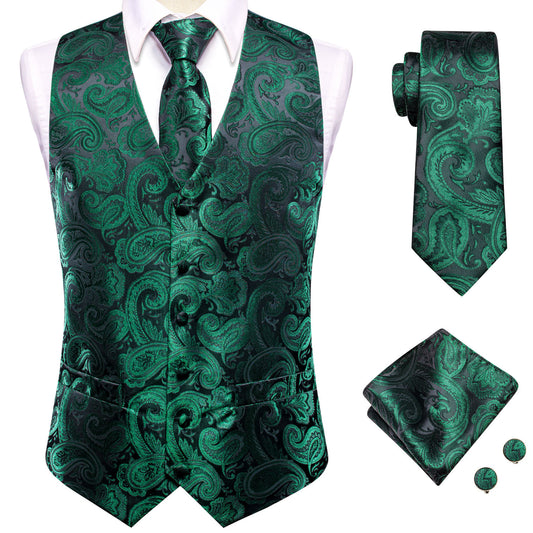 Barry. Wang Emerald Green Paisley Silk Mens Vest Hanky Cufflinks Tie Set Waistcoat Suit Set