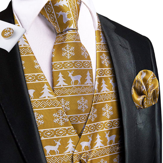 Barry. Wang Mens Christmas Waistcoat Set Gold Fair Isle Reindeer Vest Tie Hanky Cufflinks Dinner
