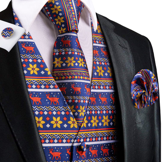 Barry. Wang Reindeer Suit Vest Set for Men Navy Blue Nordic Christmas Vest Tie Cufflinks Party