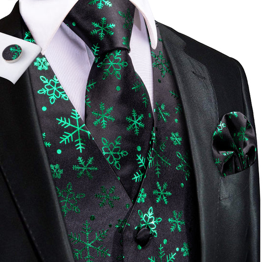 Barry. Wang Mens Xmas Tuxedo Vest Set Black Green Metallic Snowflake Waistcoat Tie Holiday Party