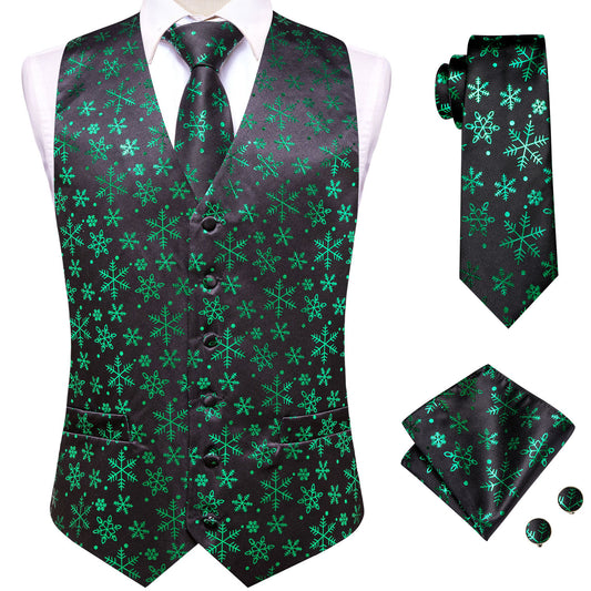 Barry. Wang Mens Xmas Tuxedo Vest Set Black Green Metallic Snowflake Waistcoat Tie Holiday Party